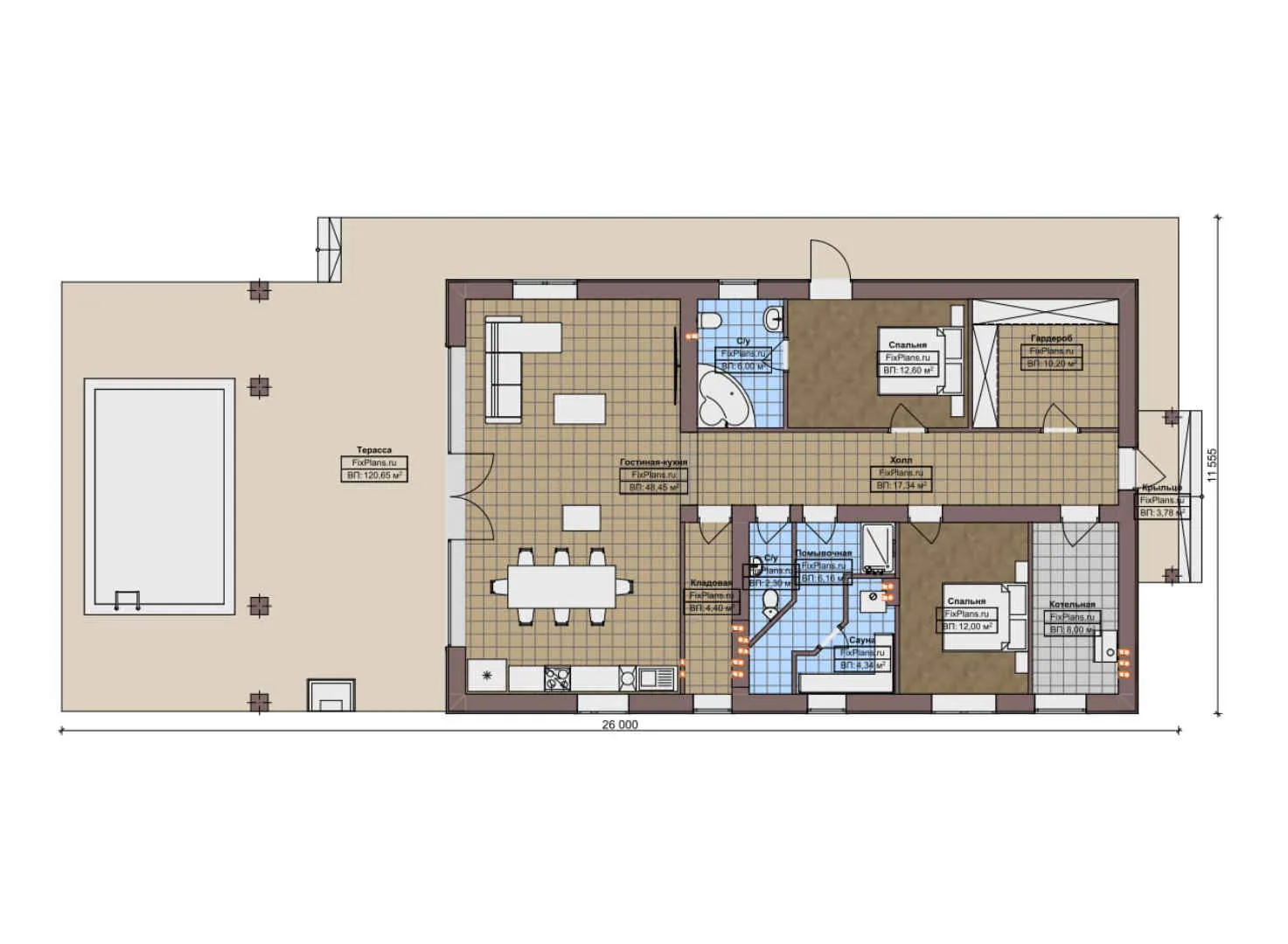 F-10187 - План одноэтажного дома 12 на 26, площадью 260 м² с террасой, баней и 2 спальнями