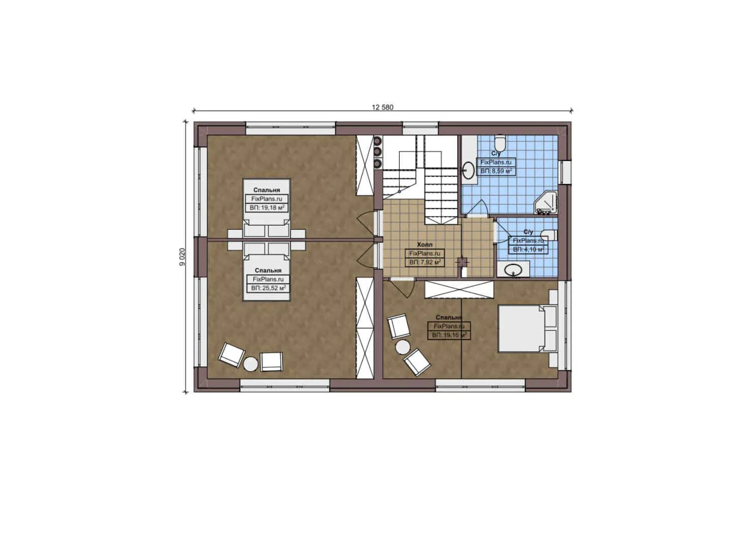 F-8549 - Планы двухэтажного дома 15 на 15, площадью 250 м² с террасой и 4 спальнями