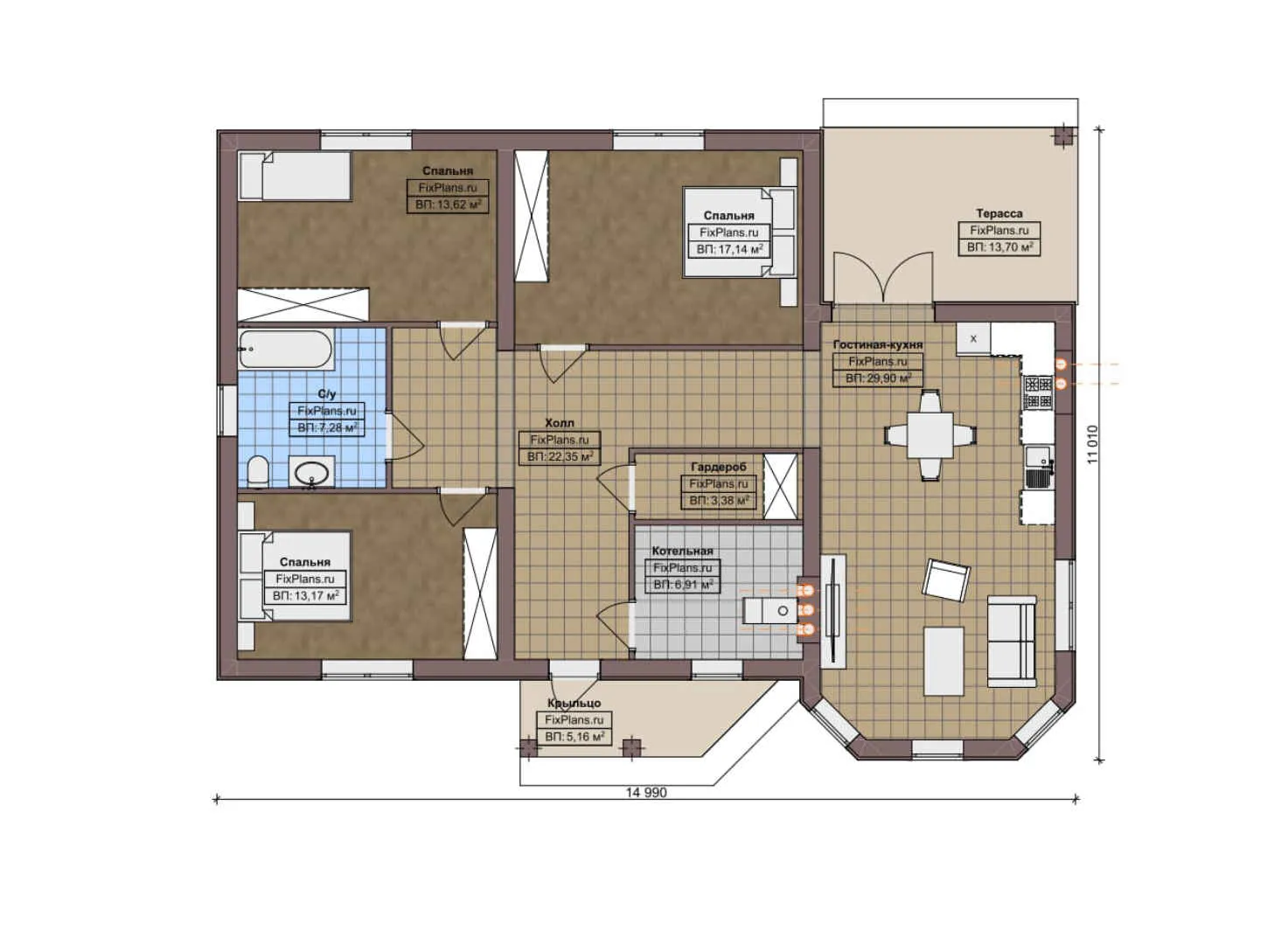 F-8432 - План одноэтажного дома 12 на 15, площадью 140 м² с террасой и 3 спальнями