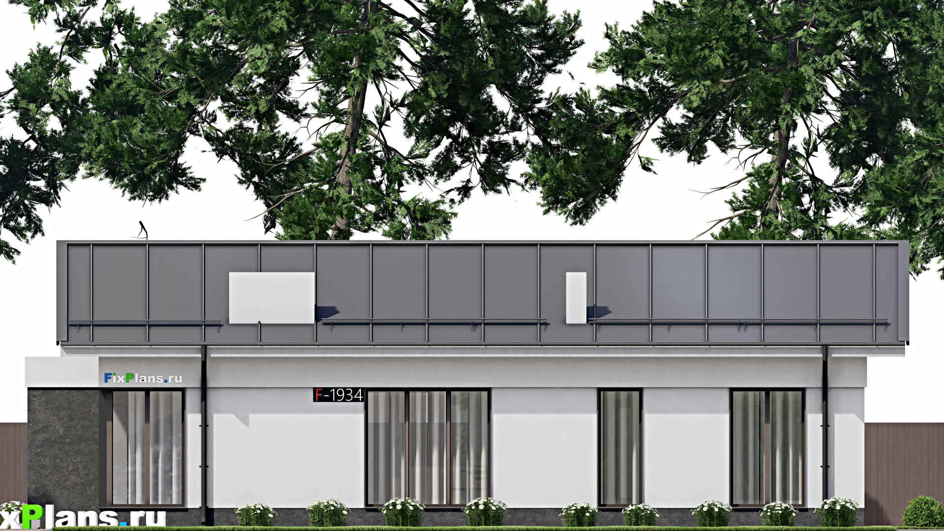 F-1934 - Проект одноэтажного дома 9 на 16, площадью 130 м² с террасой и 4 спальнями