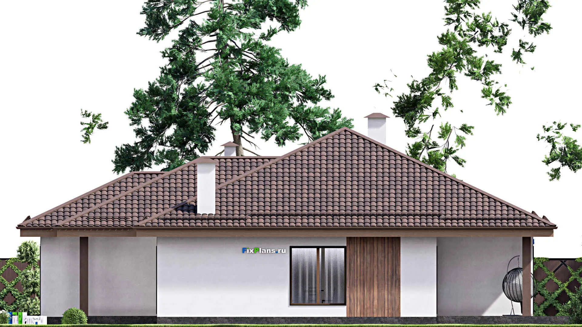 F-16964 - Проект одноэтажного дома 16 на 20, площадью 210 м² с террасой, гаражом на 1 машину и 3 спальнями