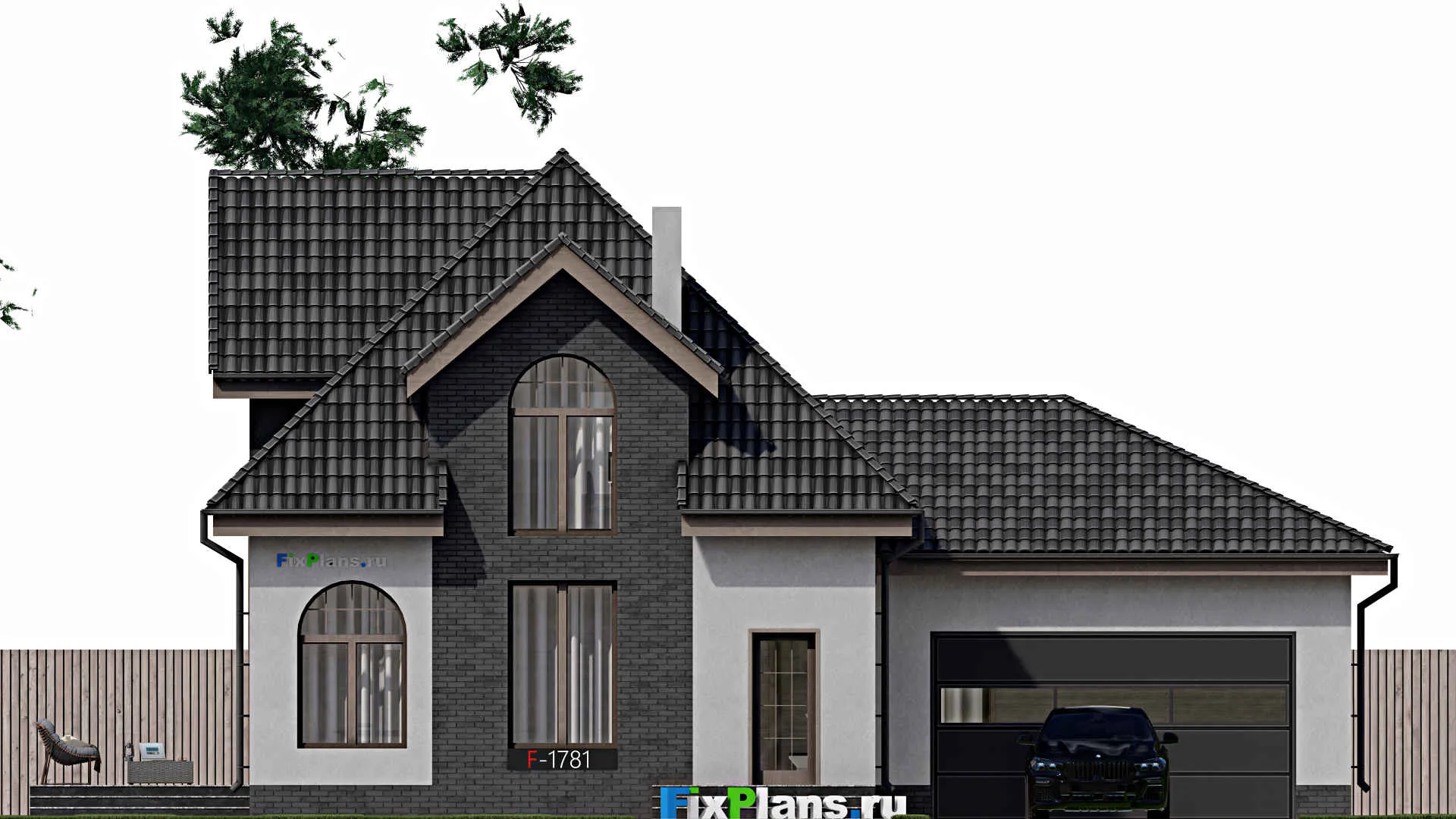 F-1781 - Проект дома с мансардой 12 на 16, площадью 190 м² с террасой, гаражом на 1 машину и 2 спальнями
