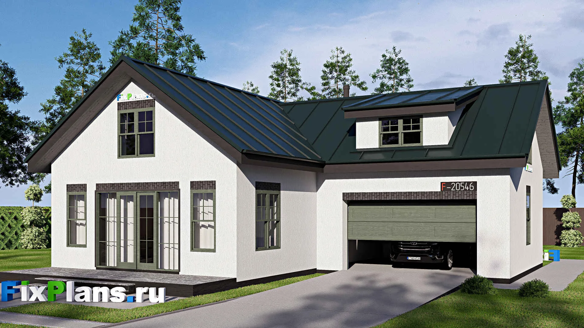 F-20546 - Проект дома с мансардой 14 на 16, площадью 230 м² с террасой, гаражом на 2 машины и 3 спальнями