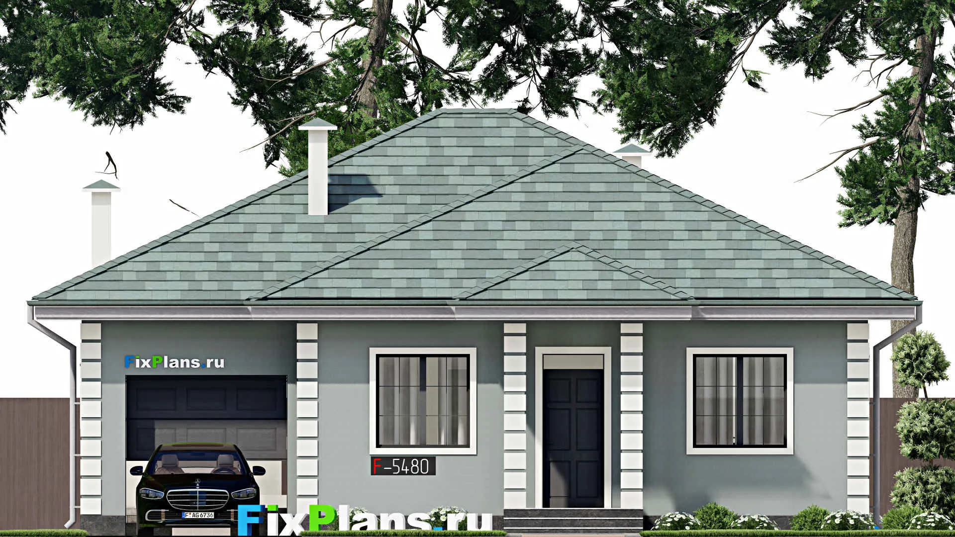 F-5480 - Проект одноэтажного дома 12 на 13, площадью 120 м² с гаражом на 1 машину и 3 спальнями