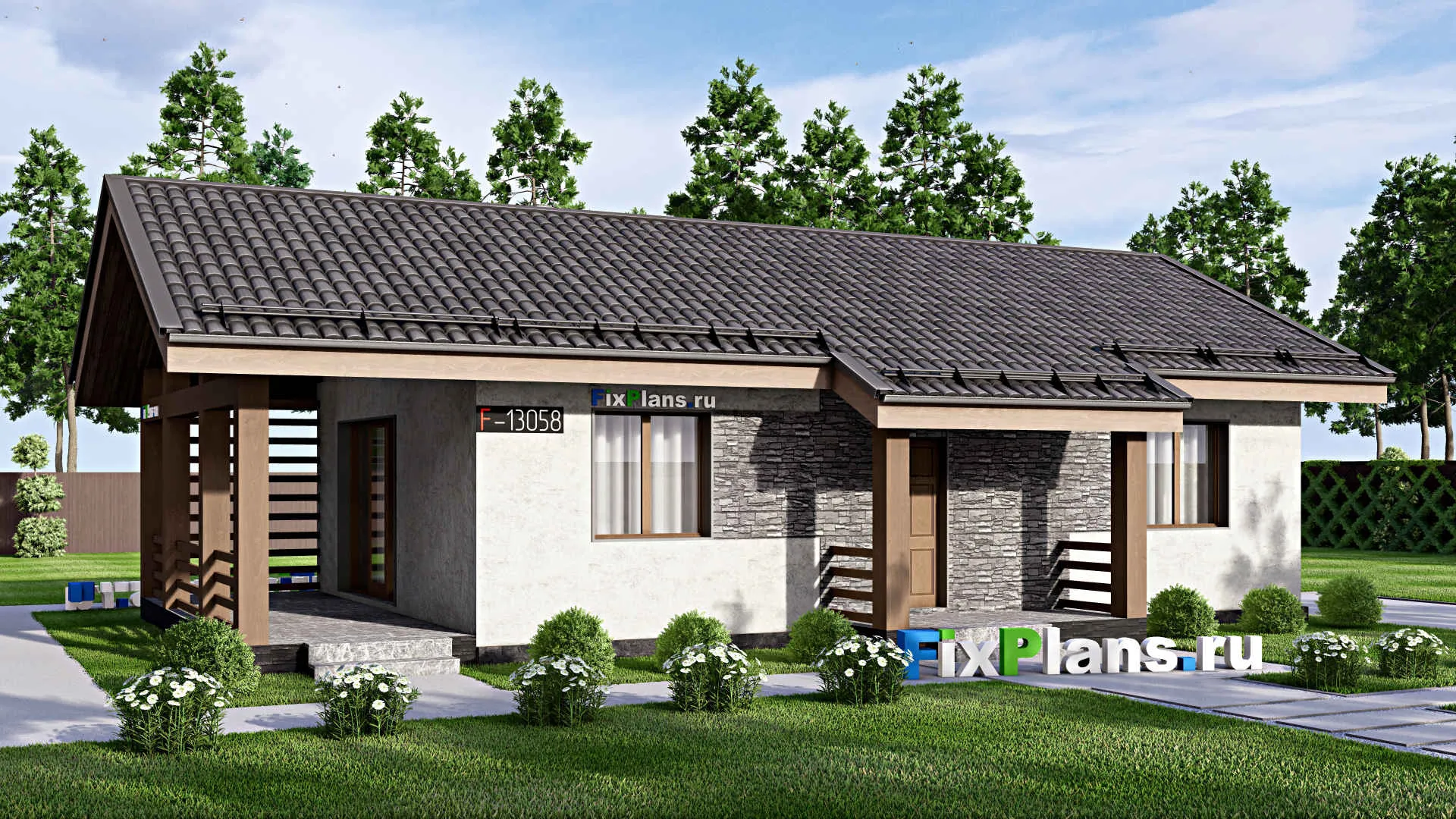 F-13058 - Проект одноэтажного дома 10 на 15, площадью 100 м² с террасой, баней и 2 спальнями