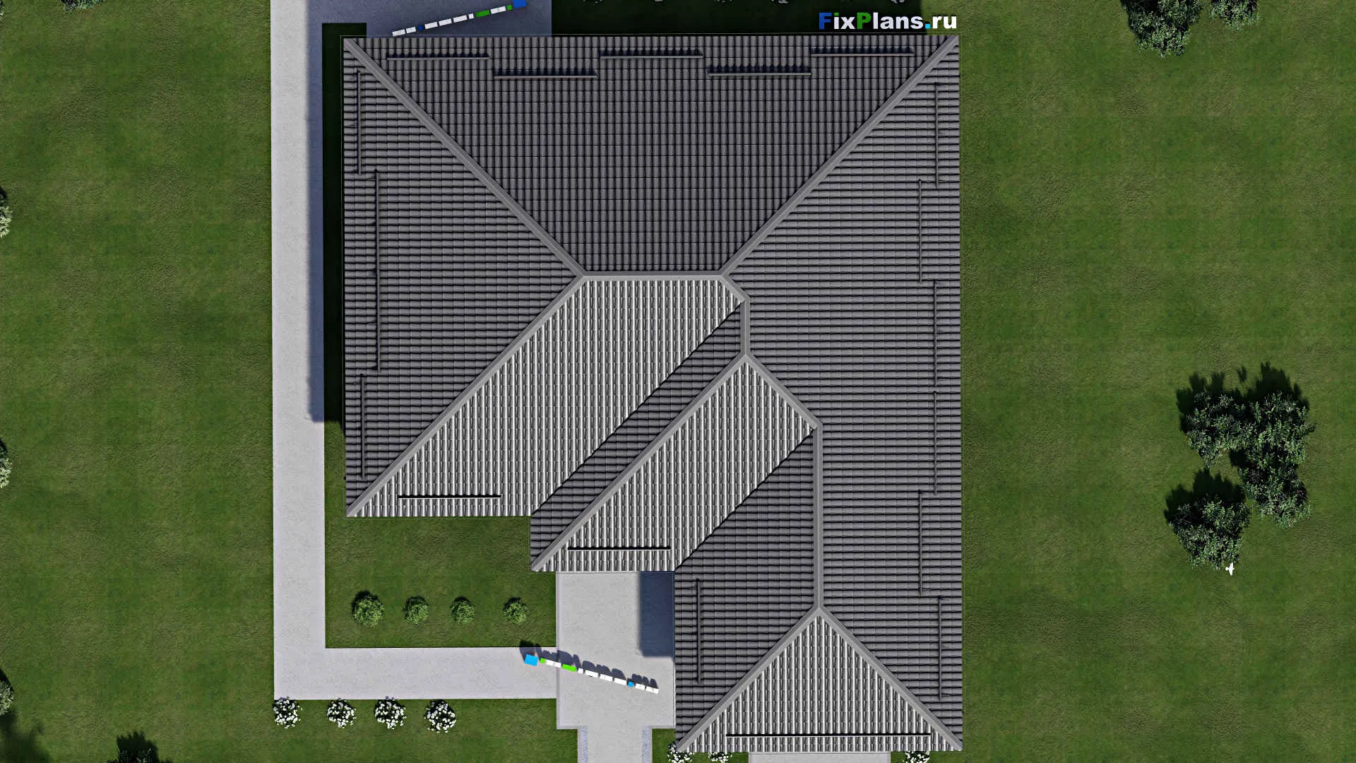 F-3365 - Проект одноэтажного дома 17 на 20, площадью 230 м² с террасой, гаражом на 2 машины и 3 спальнями