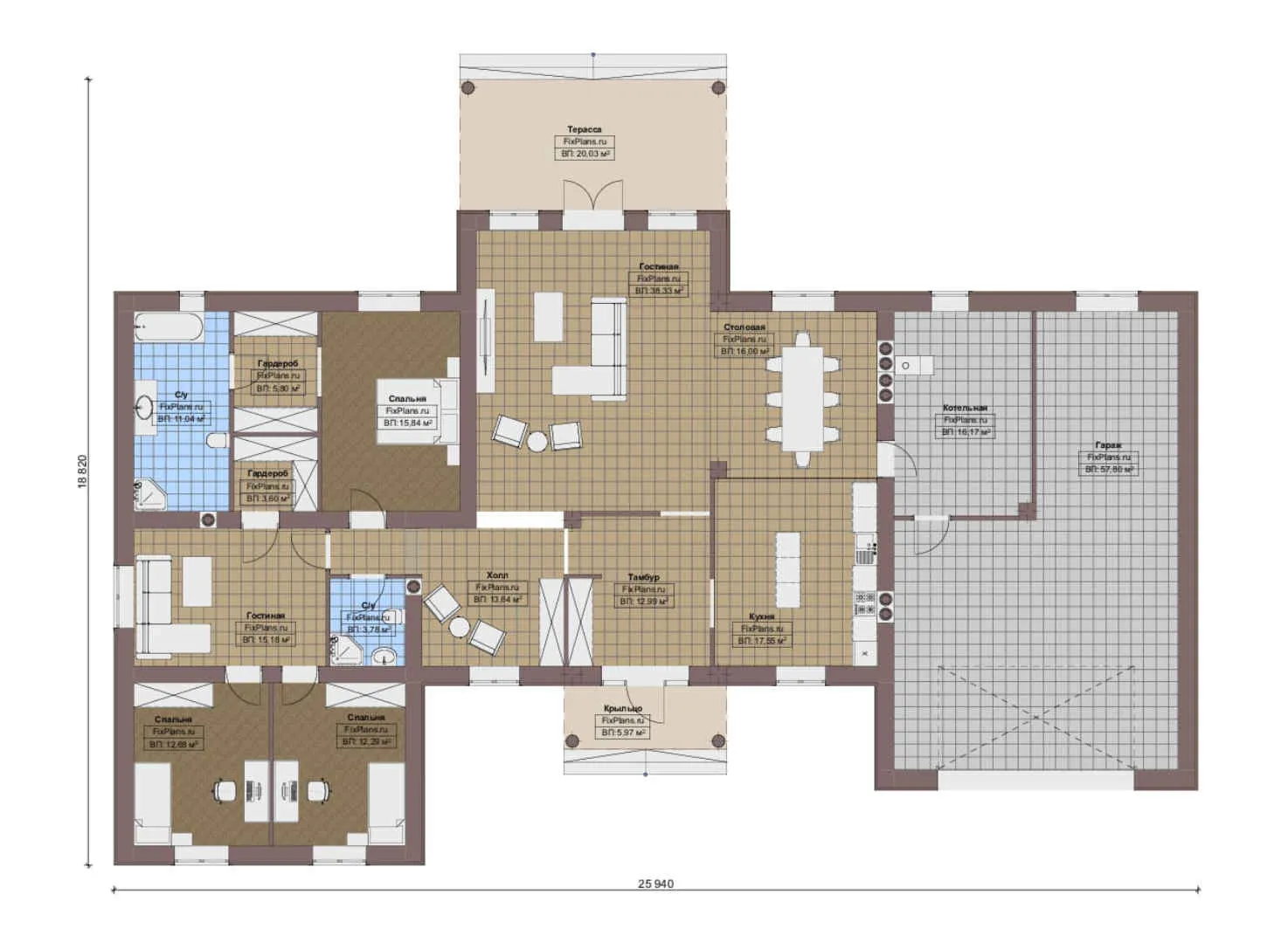 F-16379 - План одноэтажного дома 19 на 26, площадью 280 м² с 3 спальнями