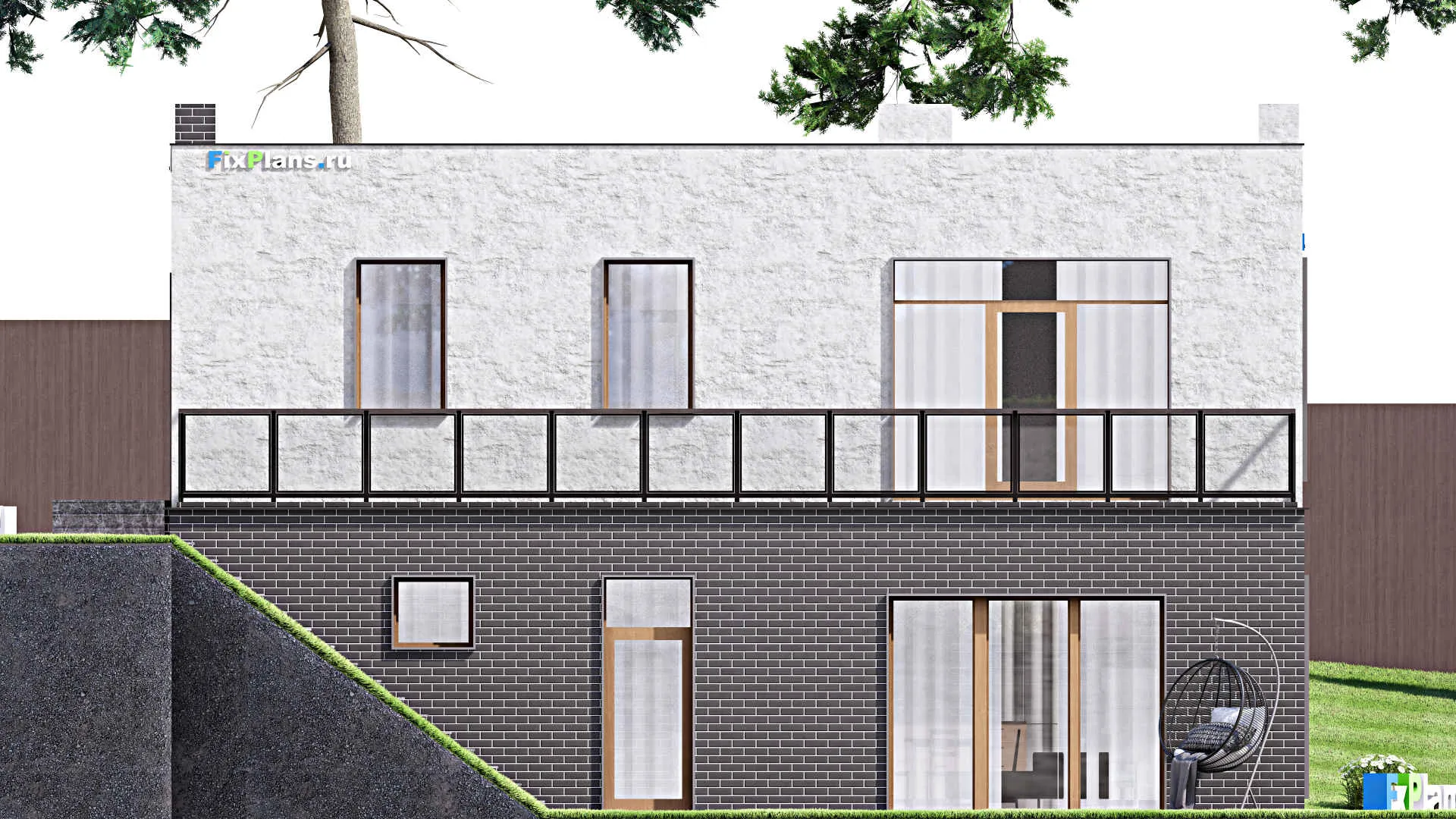 F-3527 - Проект одноэтажного дома 10 на 14, площадью 210 м² с террасой, цокольным этажом, баней и 2 спальнями