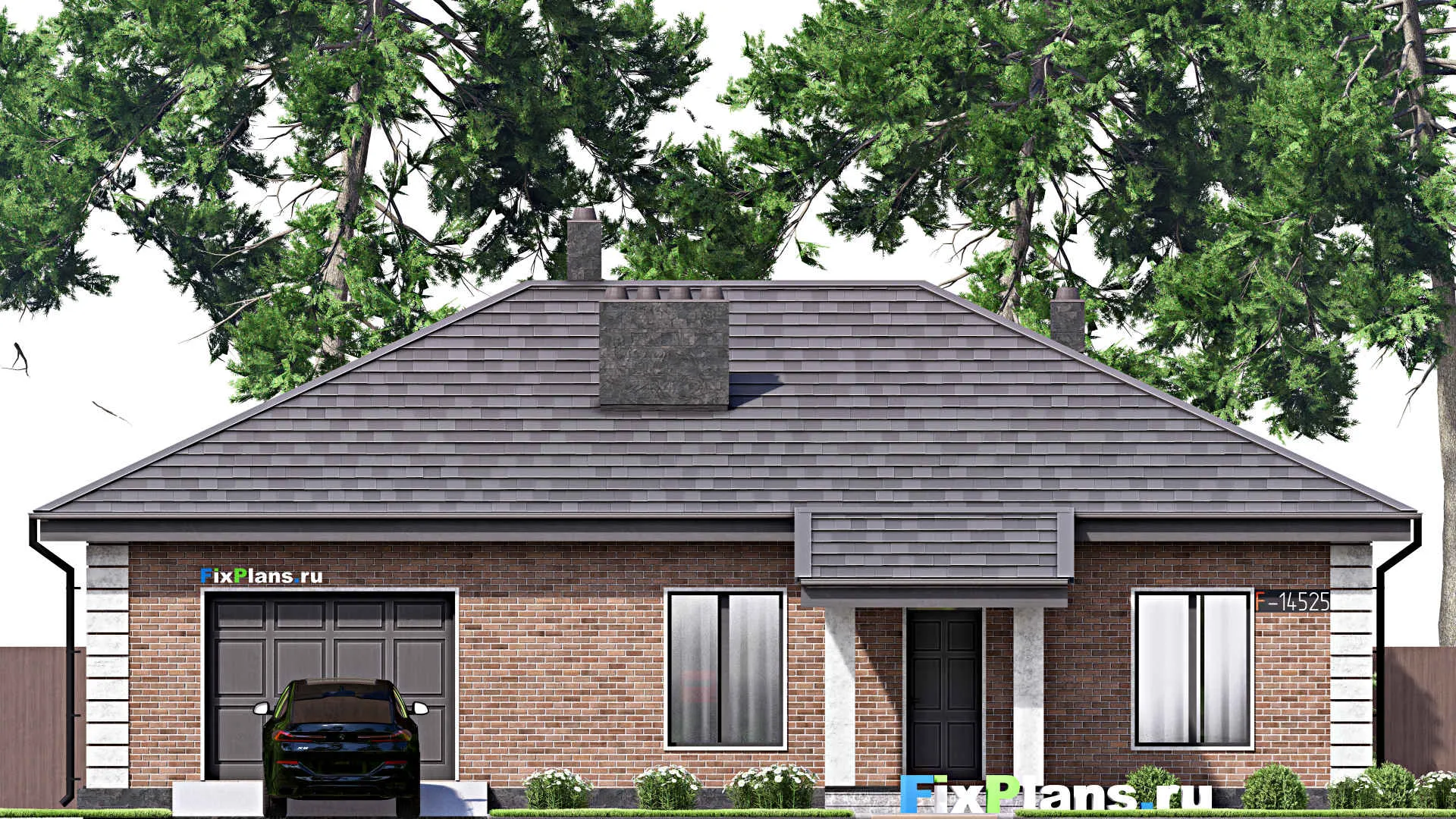 F-14525 - План одноэтажного дома 13 на 17, площадью 150 м² с террасой, гаражом на 2 машины и 2 спальнями