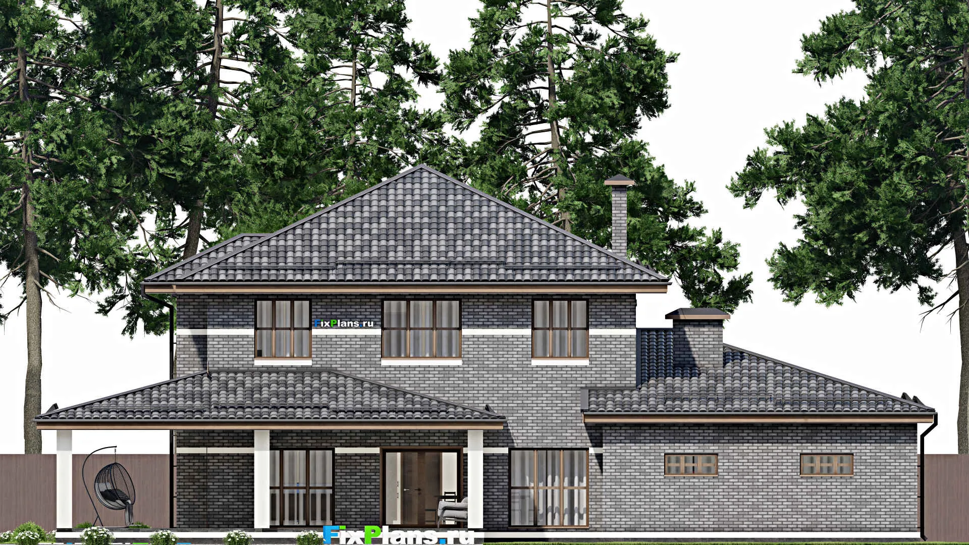 F-3482 - Проект двухэтажного дома 19 на 23, площадью 350 м² с террасой, гаражом на 2 машины и 5 спальнями