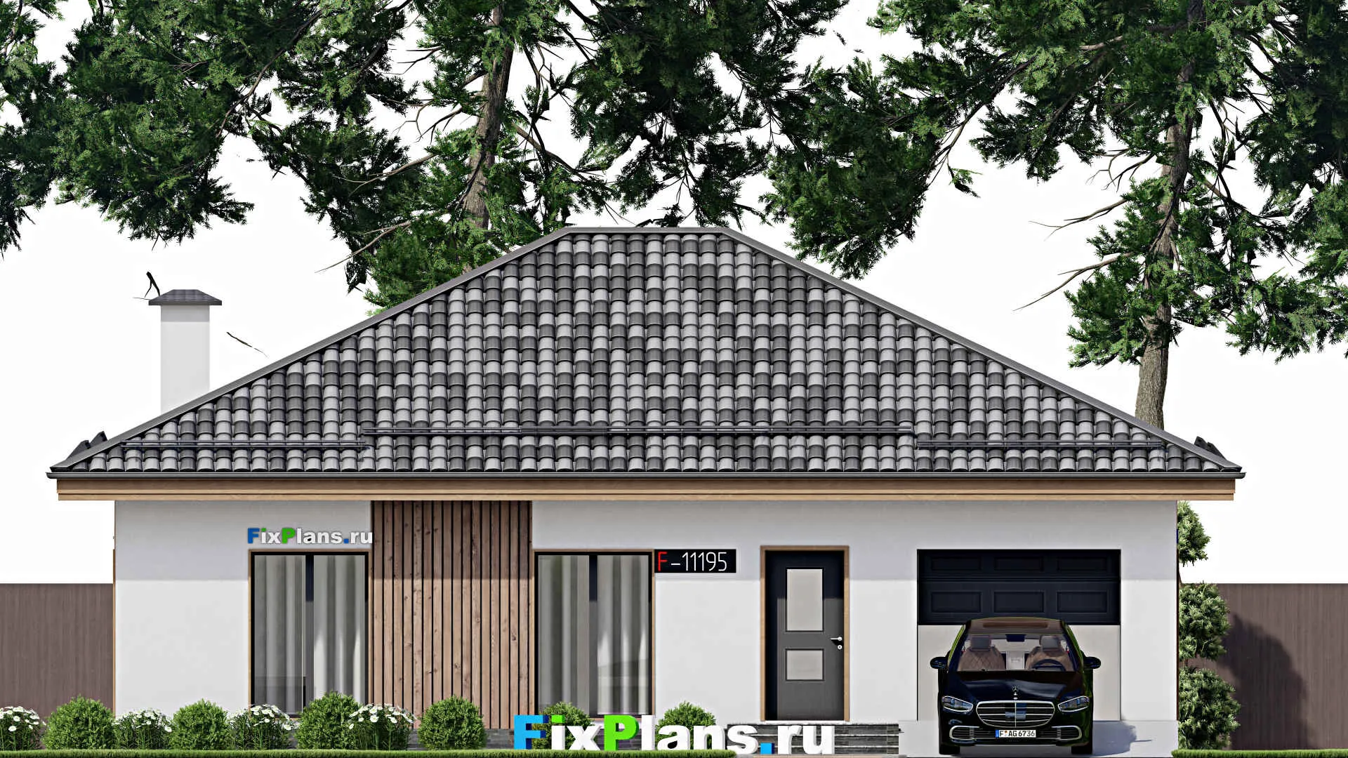 F-11195 - Проект одноэтажного дома 13 на 16, площадью 140 м² с террасой, гаражом на 1 машину и 3 спальнями