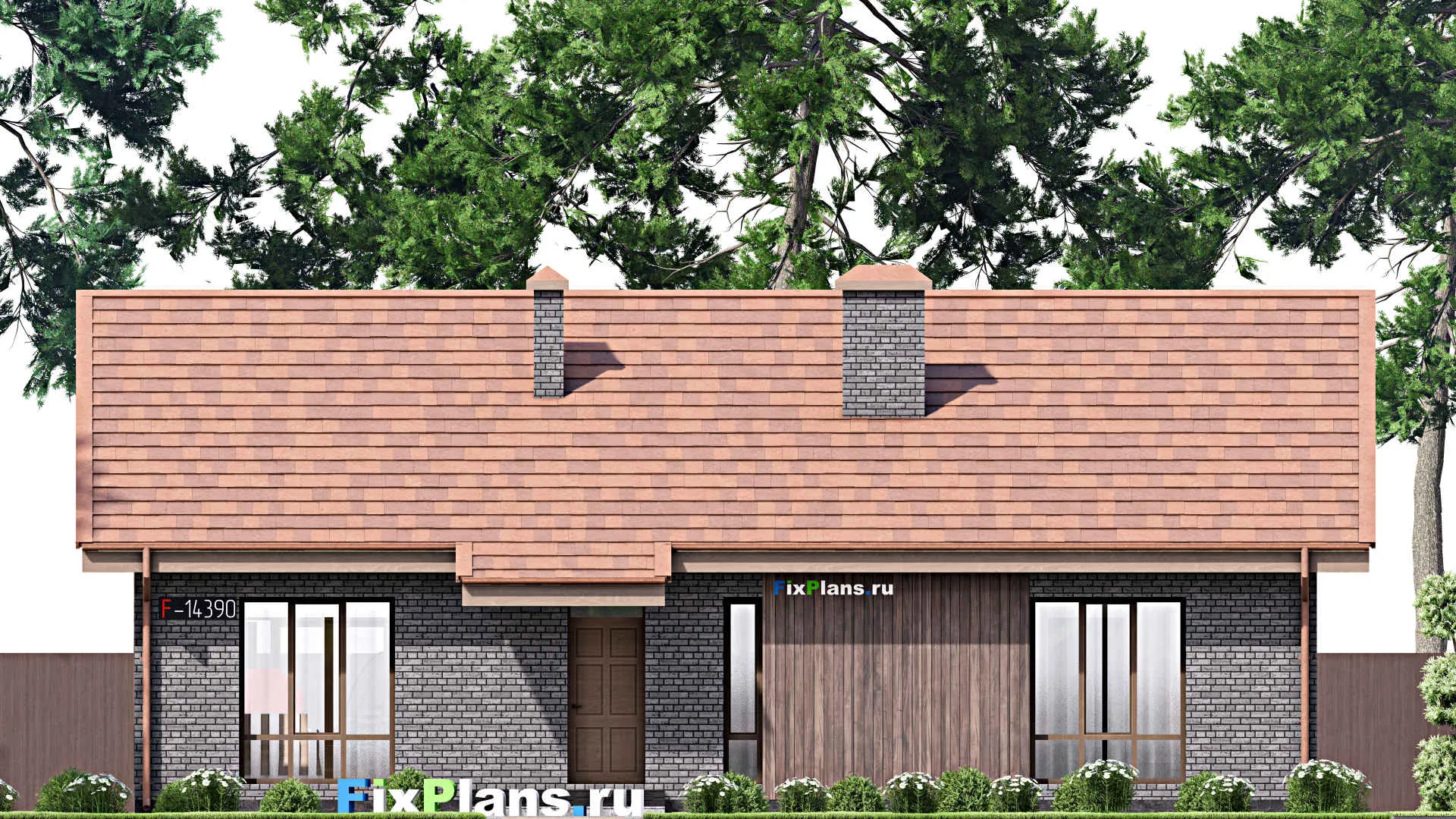 F-14390 - Проект одноэтажного дома 14 на 16, площадью 130 м² с террасой и 3 спальнями