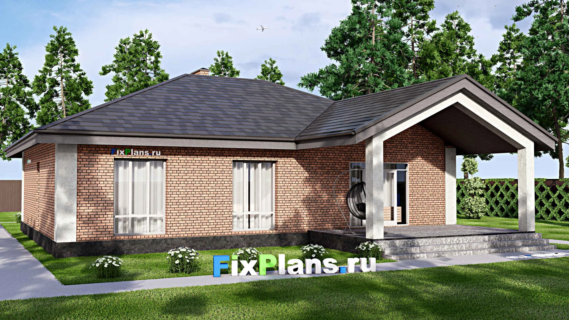 F-14381 - Проект одноэтажного дома 16 на 17, площадью 180 м² с террасой и 3 спальнями