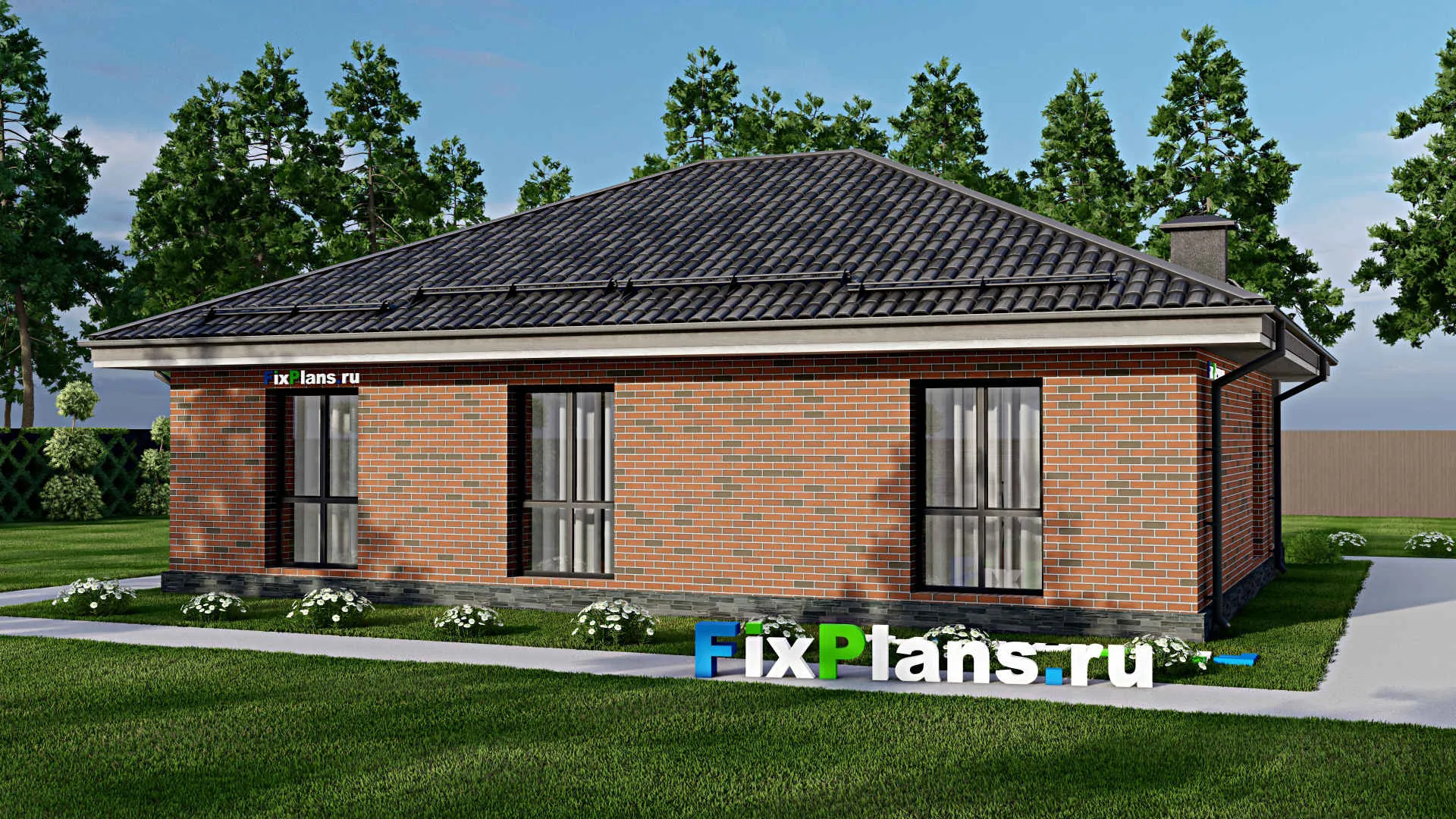 F-5489 - Проект одноэтажного дома 12 на 14, площадью 130 м² с террасой и 3 спальнями