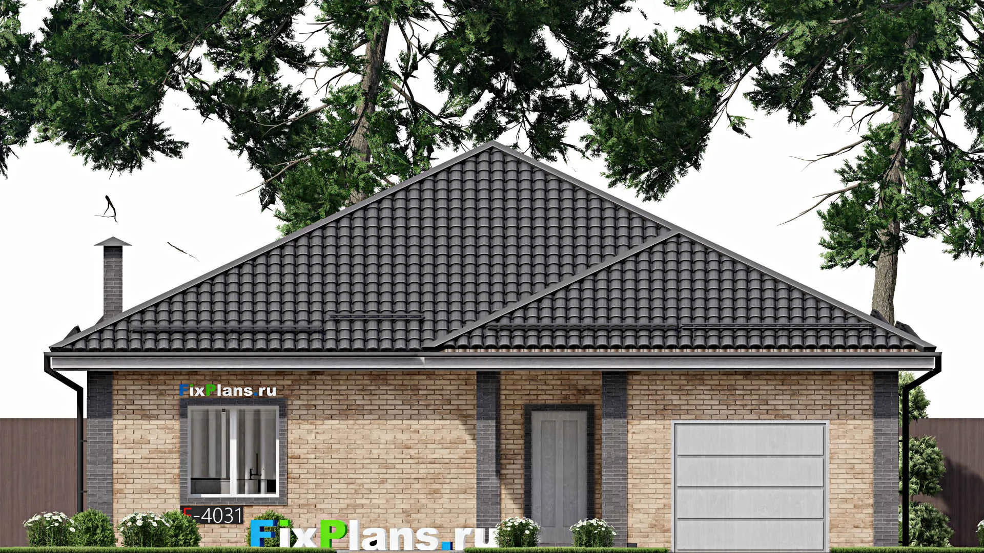 F-4031 - План одноэтажного дома 13 на 17, площадью 160 м² с террасой, гаражом на 1 машину и 3 спальнями