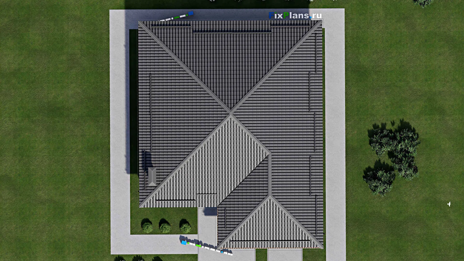 F-4031 - План одноэтажного дома 13 на 17, площадью 160 м² с террасой, гаражом на 1 машину и 3 спальнями