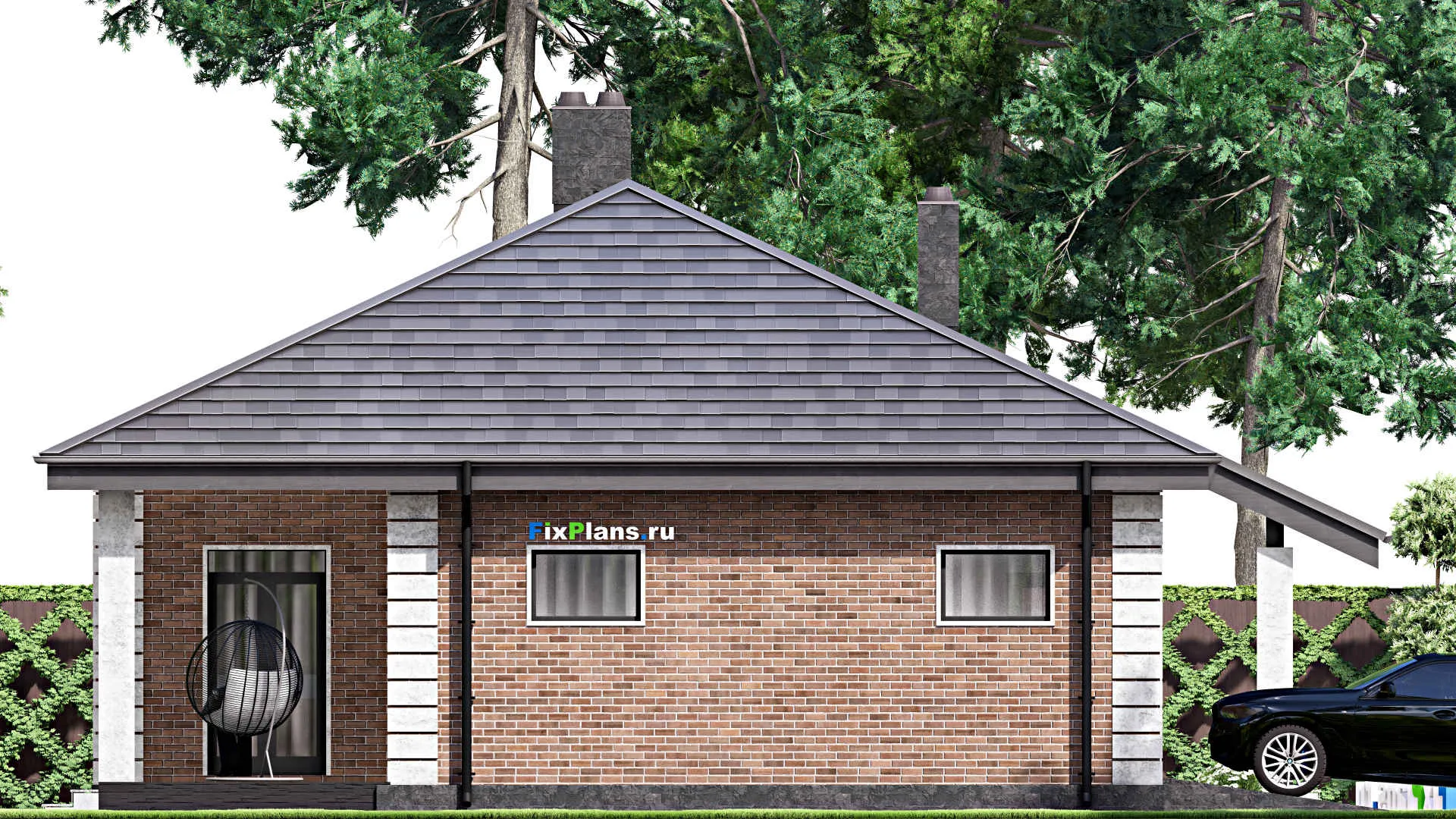 F-14525 - План одноэтажного дома 13 на 17, площадью 150 м² с террасой, гаражом на 2 машины и 2 спальнями