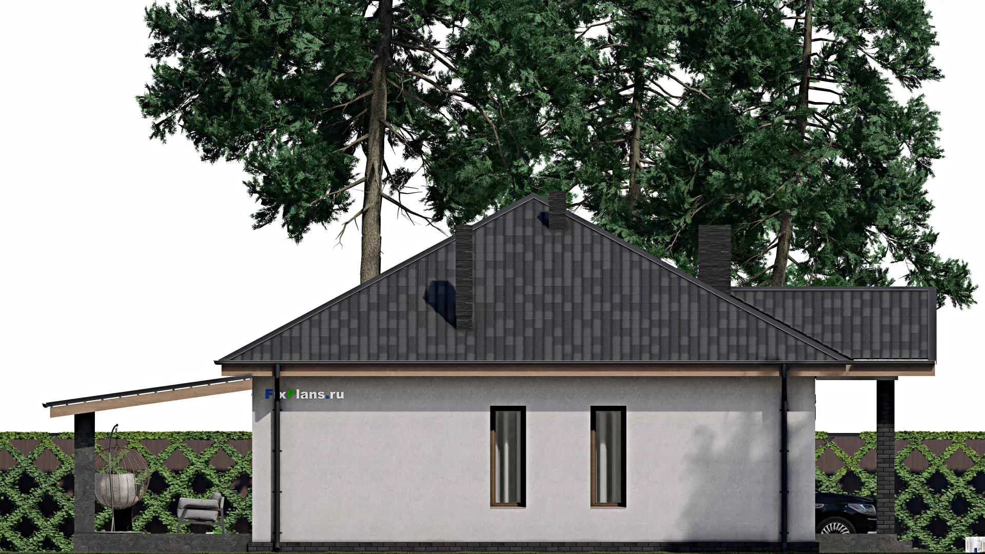 F-1349 - Проект одноэтажного дома 11 на 13, площадью 140 м² с террасой и 3 спальнями