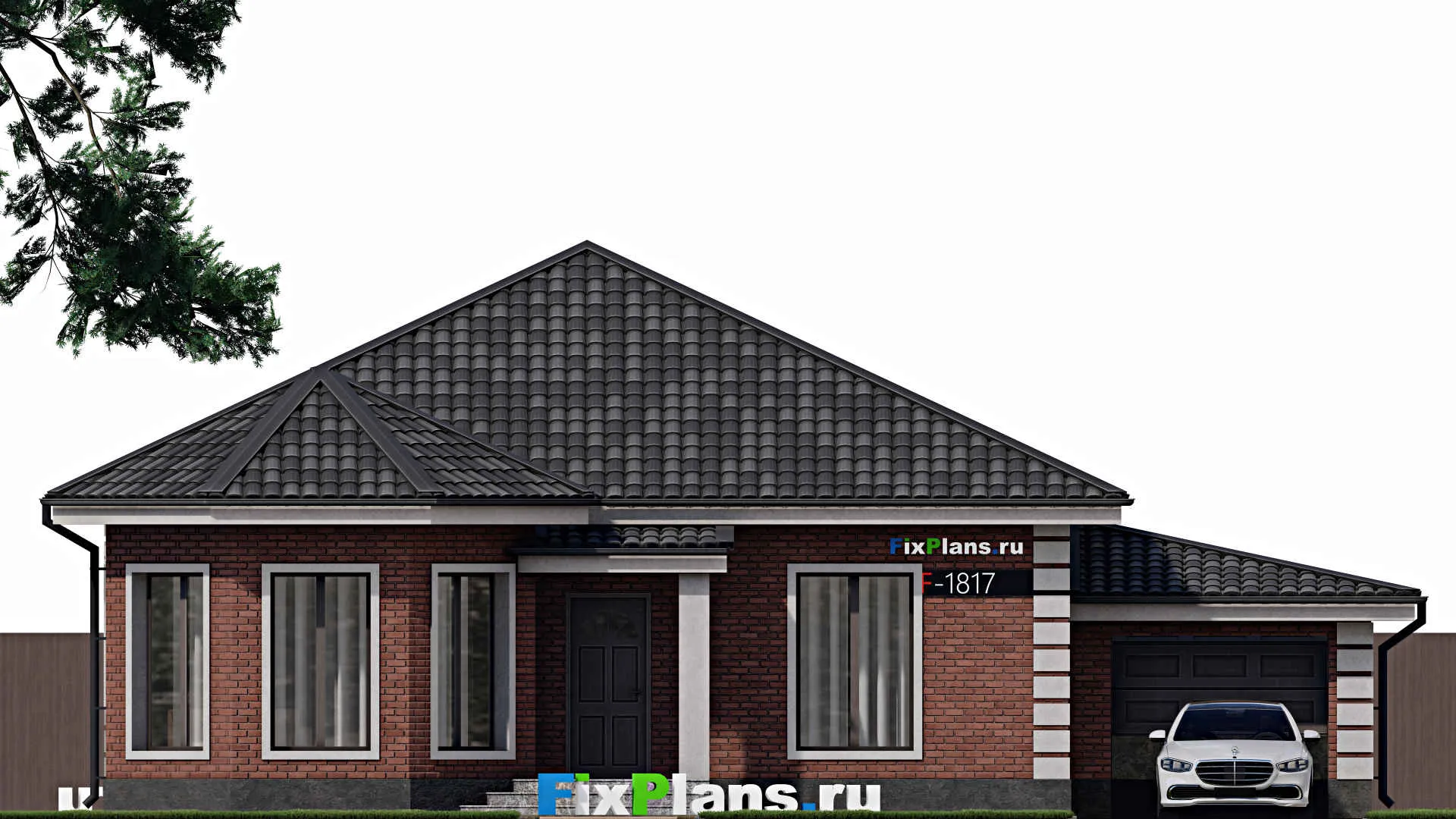 F-1817 - Проект одноэтажного дома 14 на 15, площадью 130 м² с гаражом на 1 машину и 3 спальнями