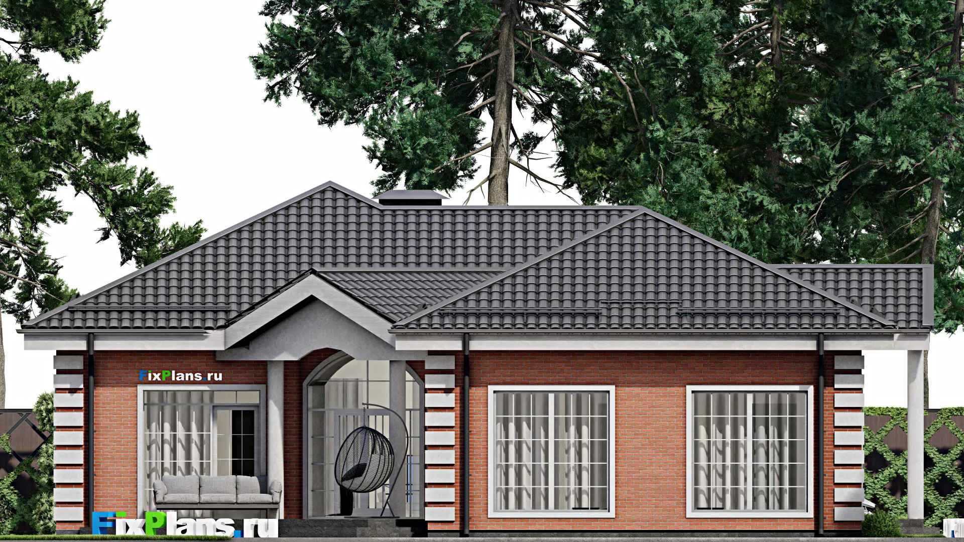 F-3662 - План одноэтажного дома 15 на 19, площадью 210 м² с террасой, гаражом на 1 машину и 3 спальнями