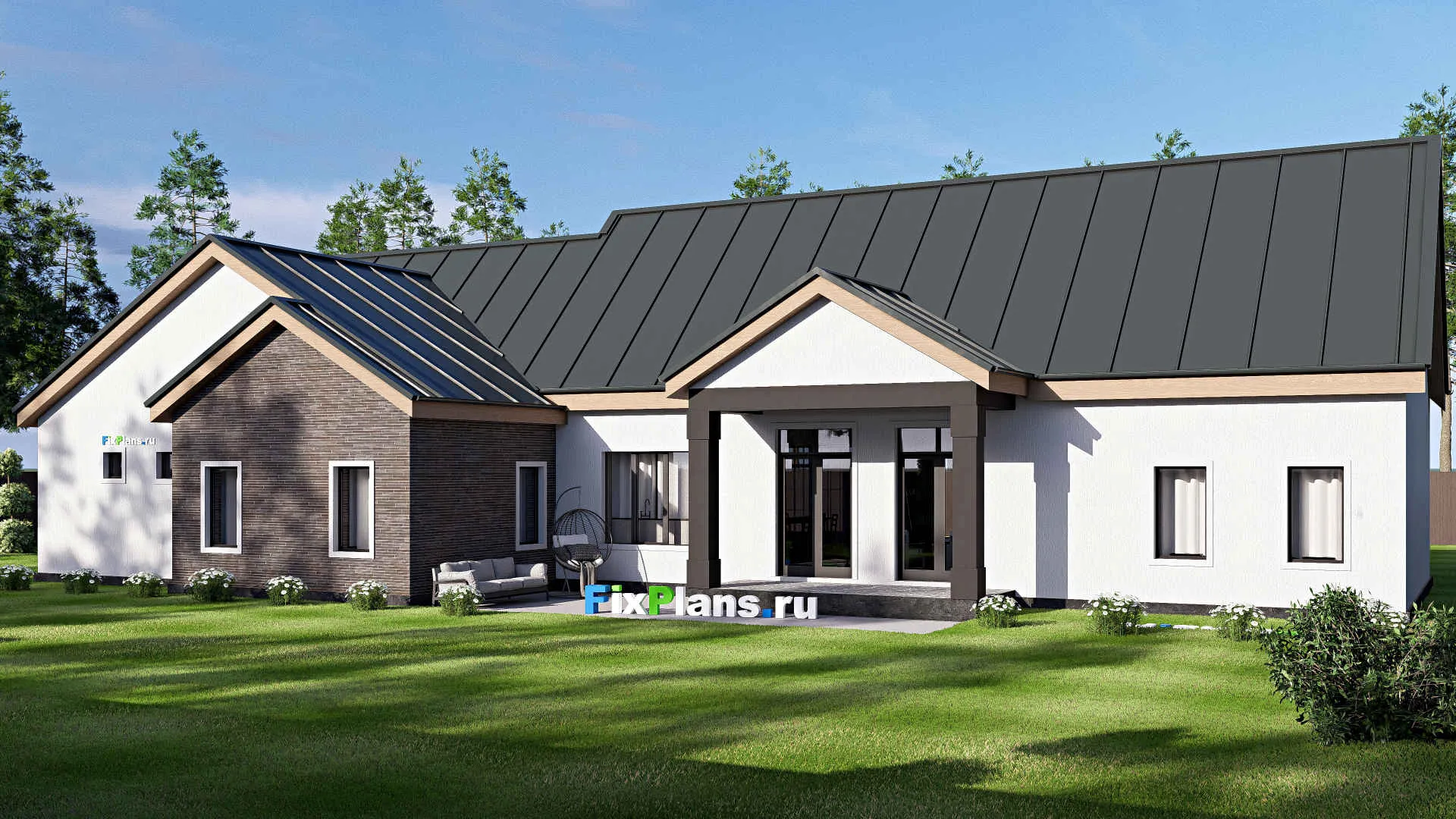 F-20672 - План одноэтажного дома 16 на 27, площадью 270 м² с террасой, гаражом на 2 машины и 3 спальнями