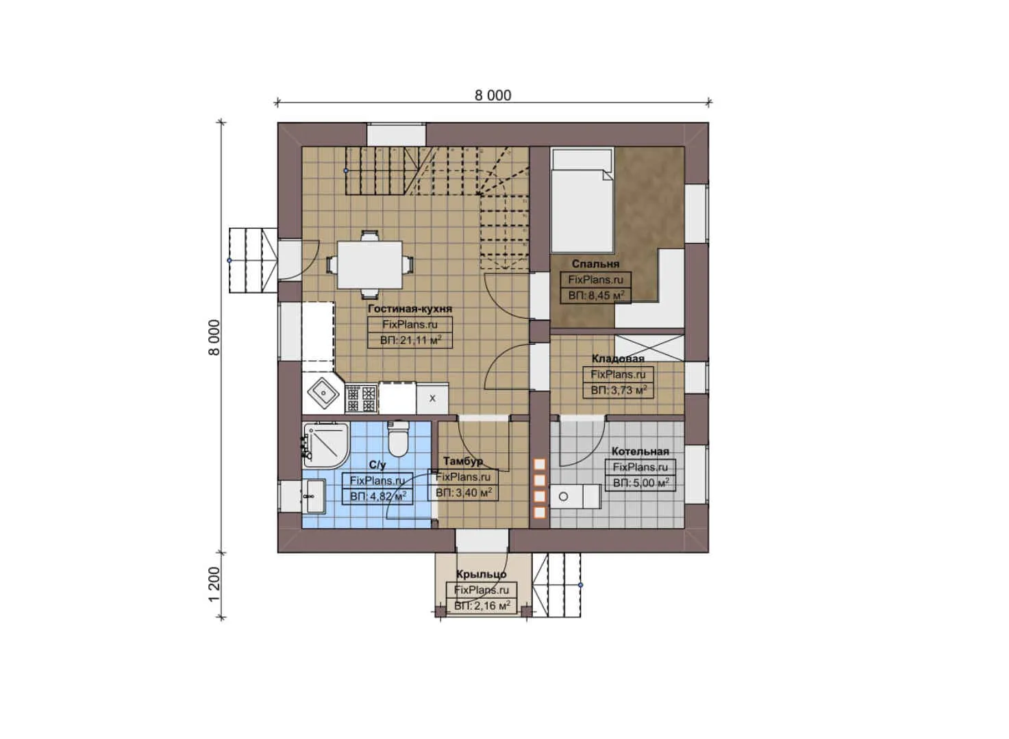 F-5543 - Планы дома с мансардой 8 на 8, площадью 100 м² с 3 спальнями