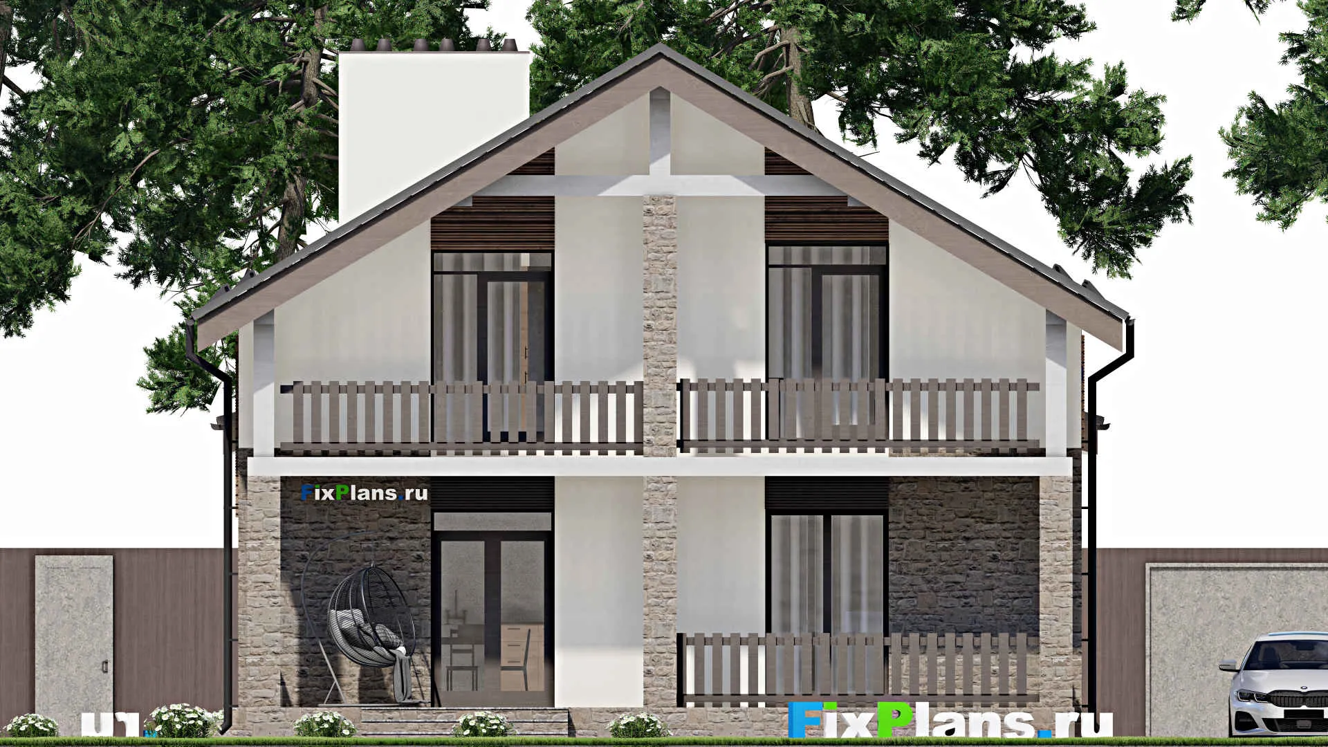 F-5975 - Планы дома с мансардой 11 на 11, площадью 210 м² с террасой, балконом и 3 спальнями