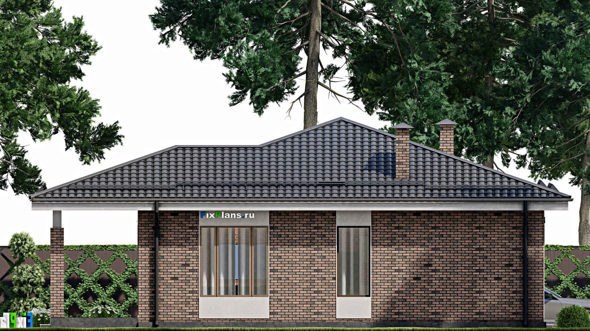 F-10097 - Проект одноэтажного дома 15 на 16, площадью 160 м² с террасой и 3 спальнями