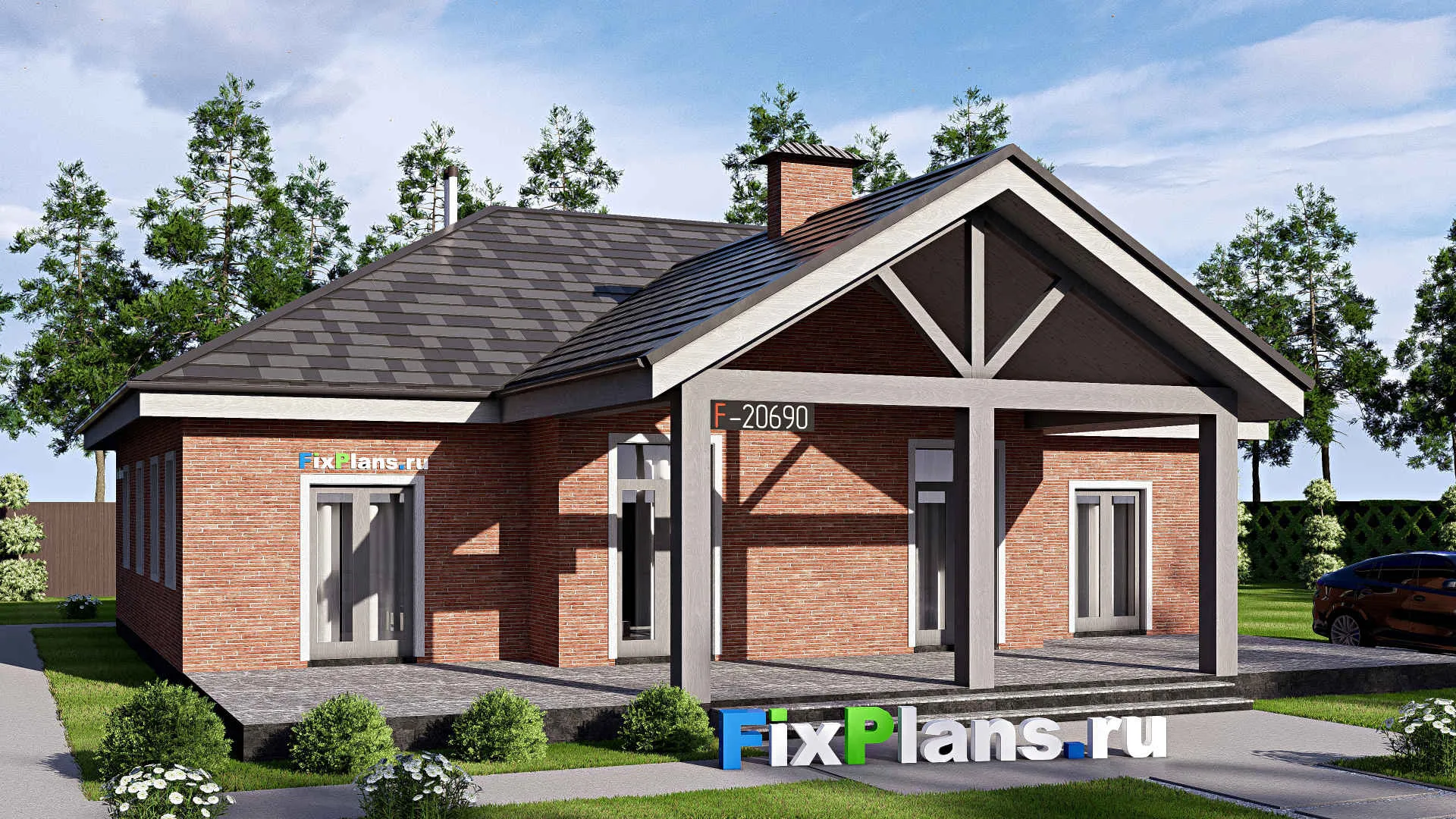 F-20690 - Проект одноэтажного дома 15 на 17, площадью 200 м² с террасой и 2 спальнями