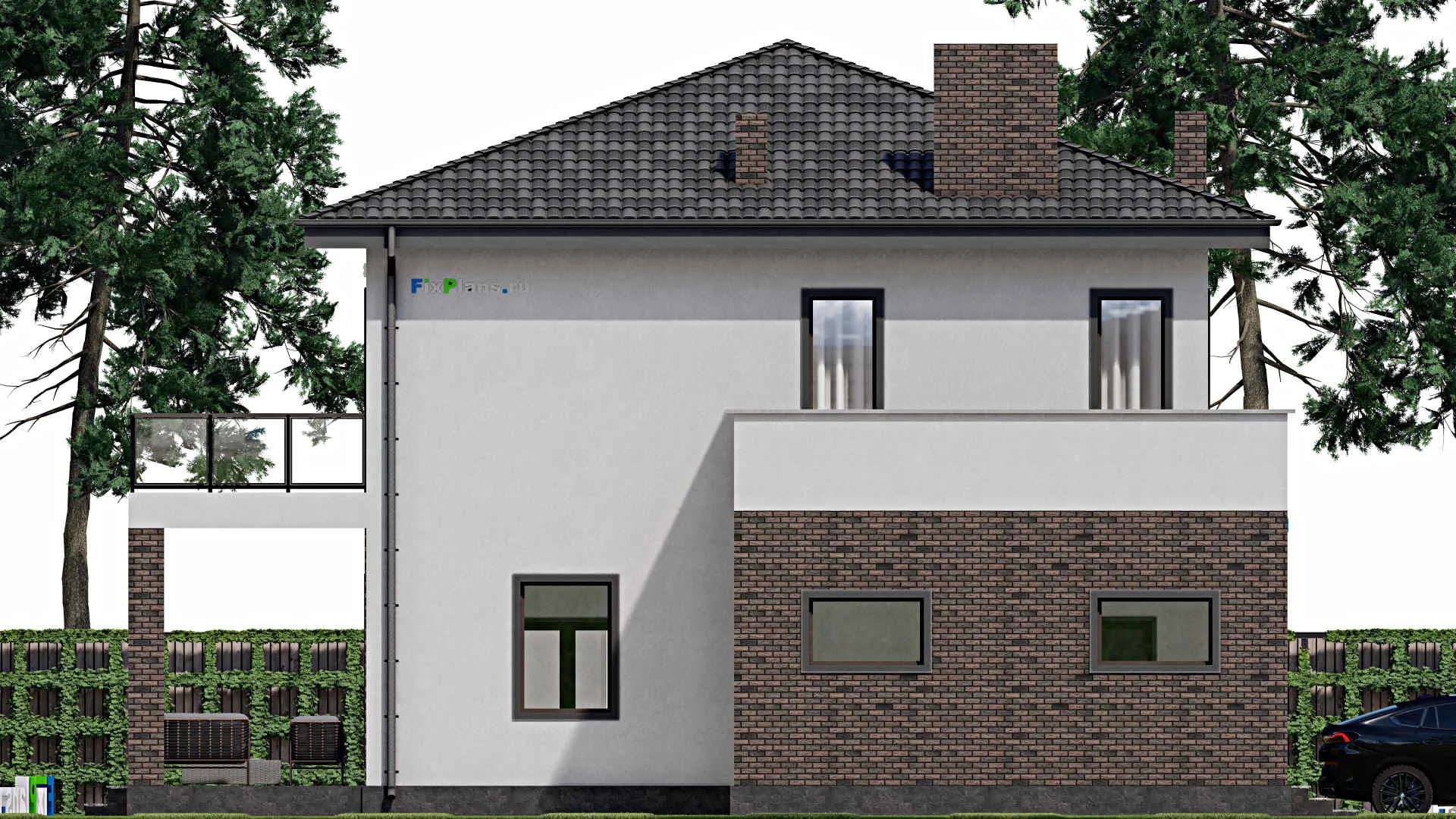 F-1835 - Проект двухэтажного дома 12 на 16, площадью 270 м² с террасой, балконом, гаражом на 1 машину и 4 спальнями