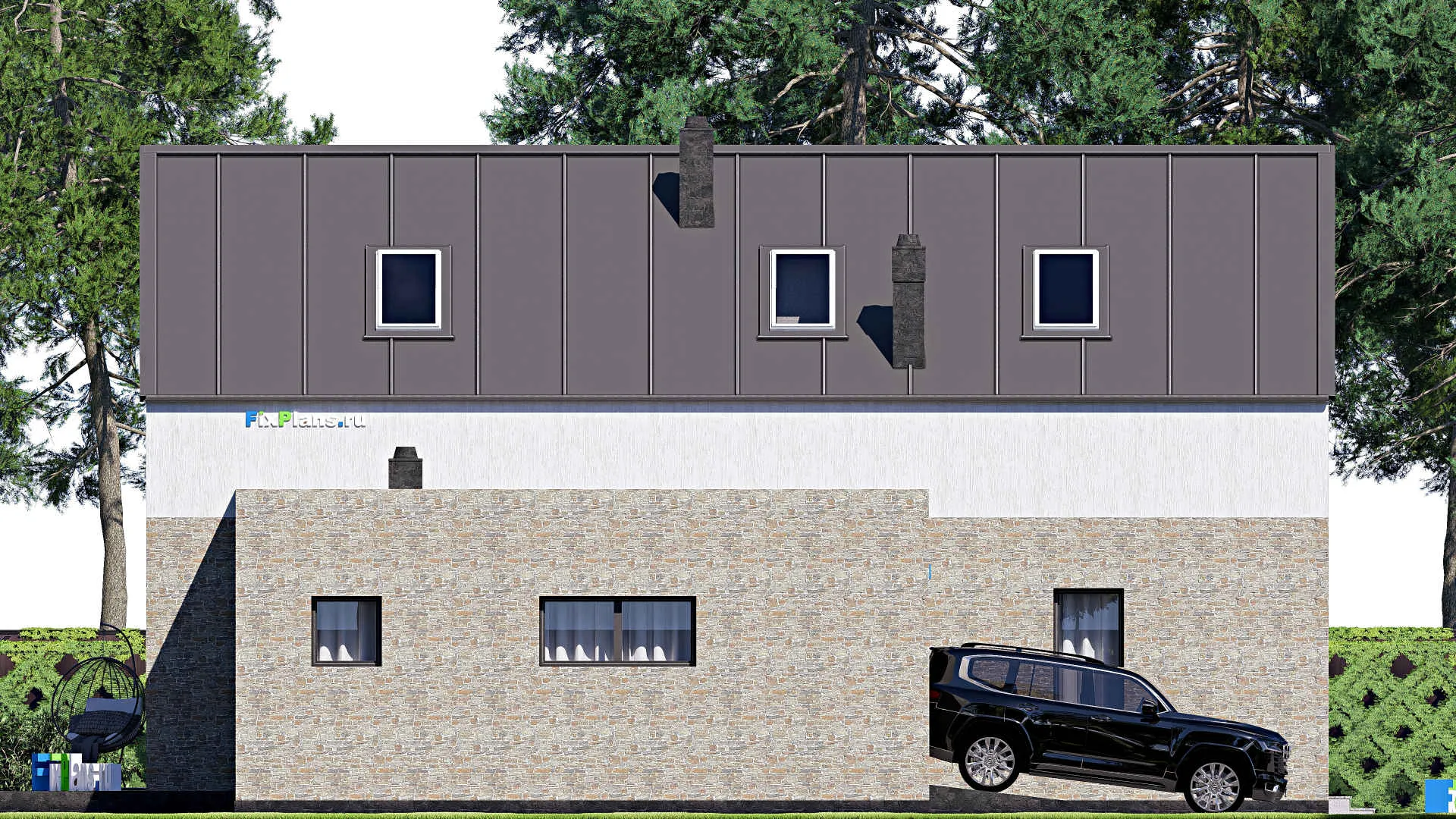 F-16568 - Планы дома с мансардой 15 на 18, площадью 270 м² с террасой, балконом, гаражом на 2 машины и 3 спальнями