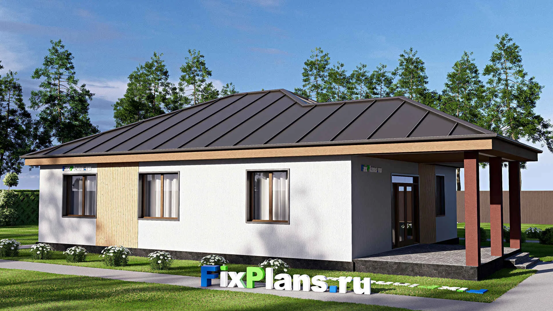 F-18539 - Проект одноэтажного дома 14 на 17, площадью 150 м² с террасой и 3 спальнями