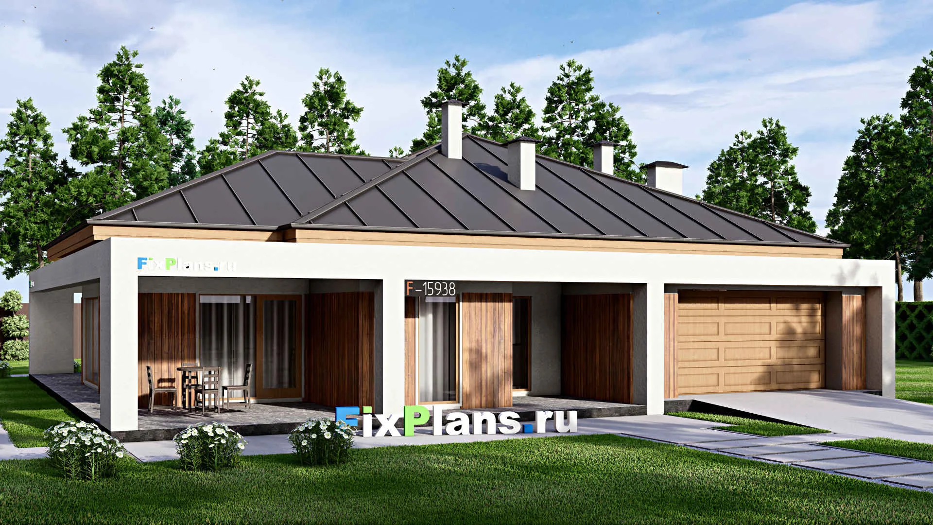 F-15938 - Проект одноэтажного дома 17 на 17, площадью 240 м² с террасой, гаражом на 2 машины и 3 спальнями