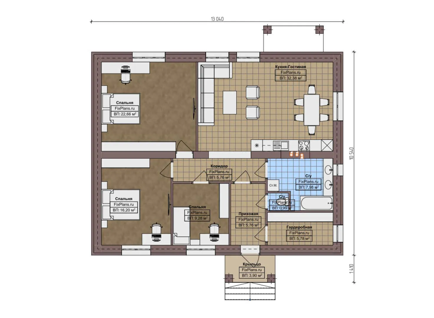 F-3923 - План одноэтажного дома 11 на 14, площадью 120 м² с 3 спальнями