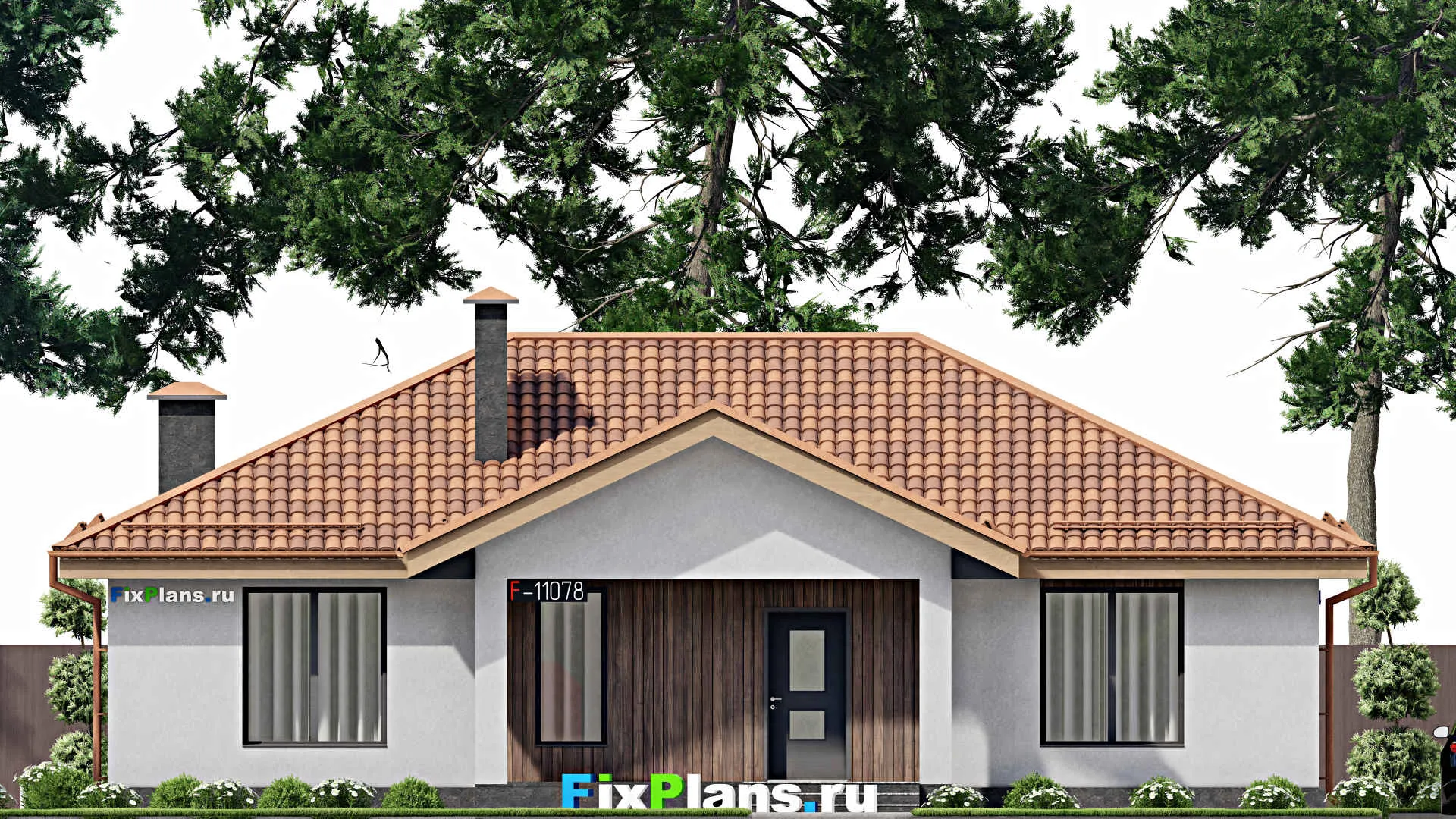 F-11078 - Проект одноэтажного дома 15 на 16, площадью 140 м² с террасой и 3 спальнями