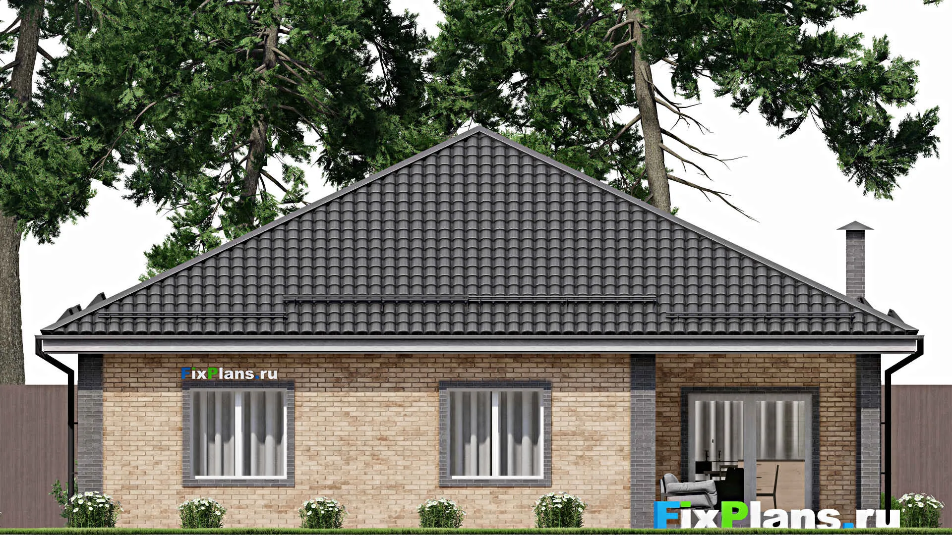 F-4031 - План одноэтажного дома 13 на 17, площадью 160 м² с террасой, гаражом на 1 машину и 3 спальнями