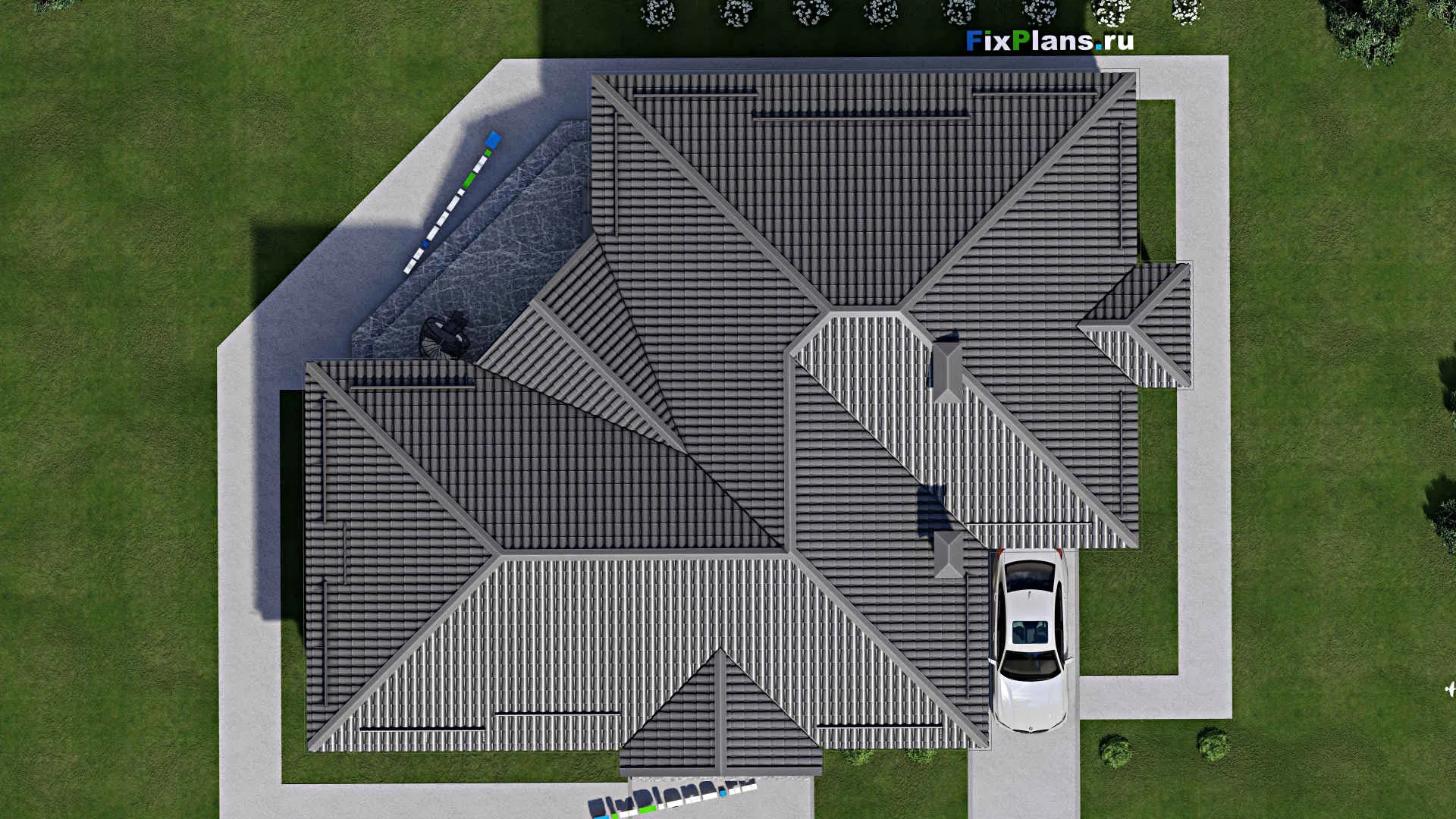 F-3662 - План одноэтажного дома 15 на 19, площадью 210 м² с террасой, гаражом на 1 машину и 3 спальнями