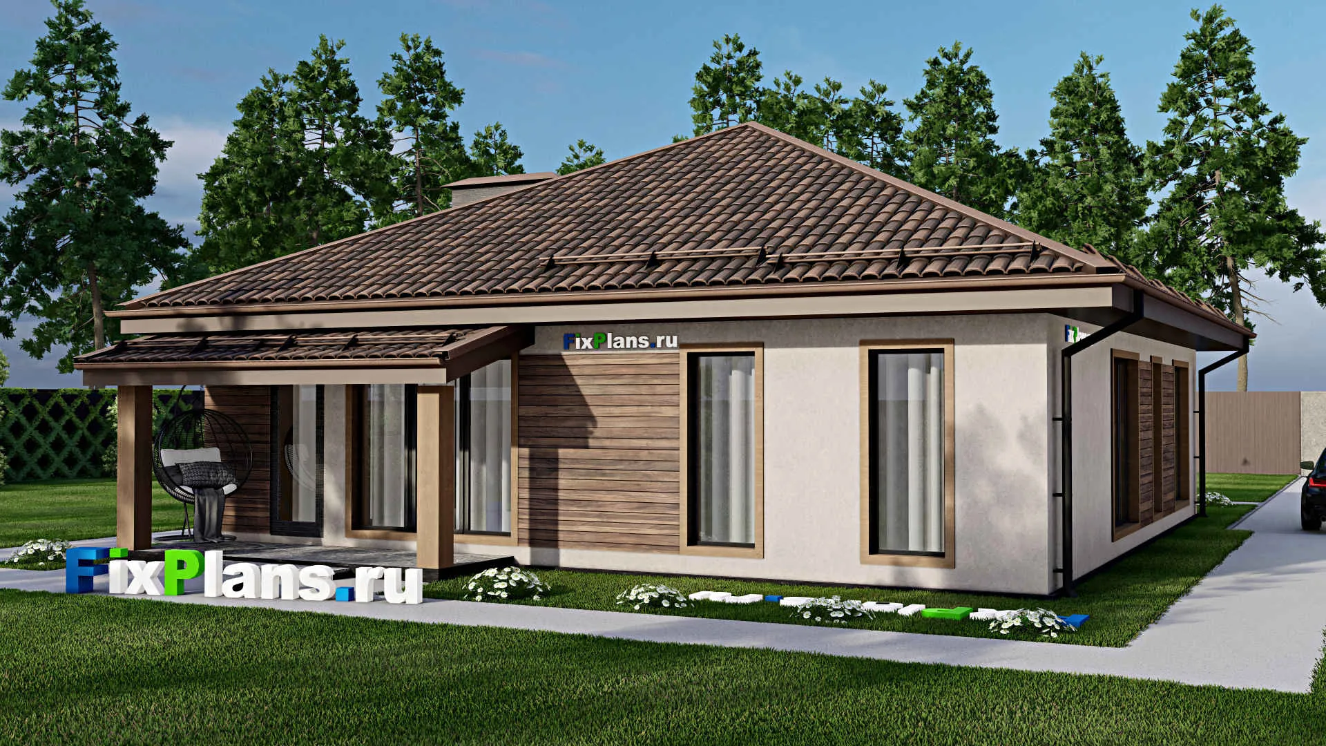 F-8279 - Проект одноэтажного дома 12 на 15, площадью 130 м² с террасой и 3 спальнями