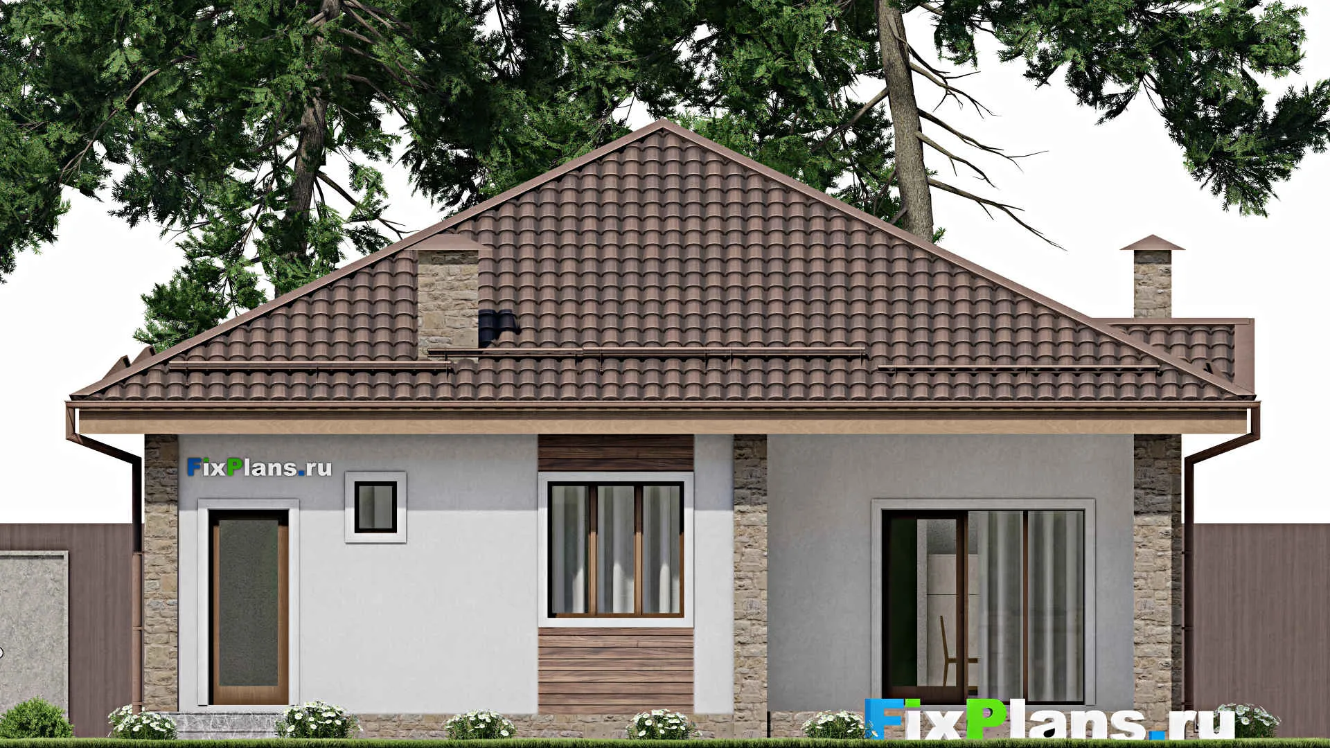 F-10151 - Проект одноэтажного дома 11 на 15, площадью 130 м² с террасой, баней и 3 спальнями
