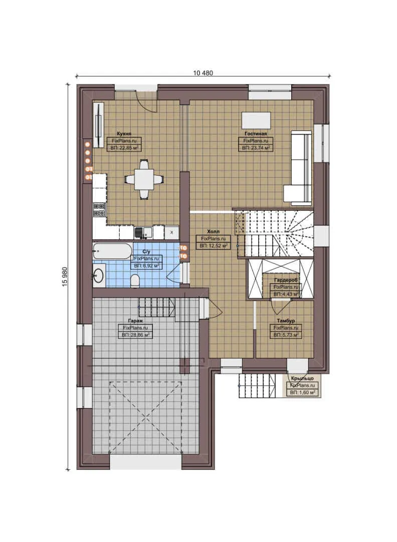 F-5660 - Планы двухэтажного дома 11 на 16, площадью 200 м² с гаражом на 1 машину и 4 спальнями