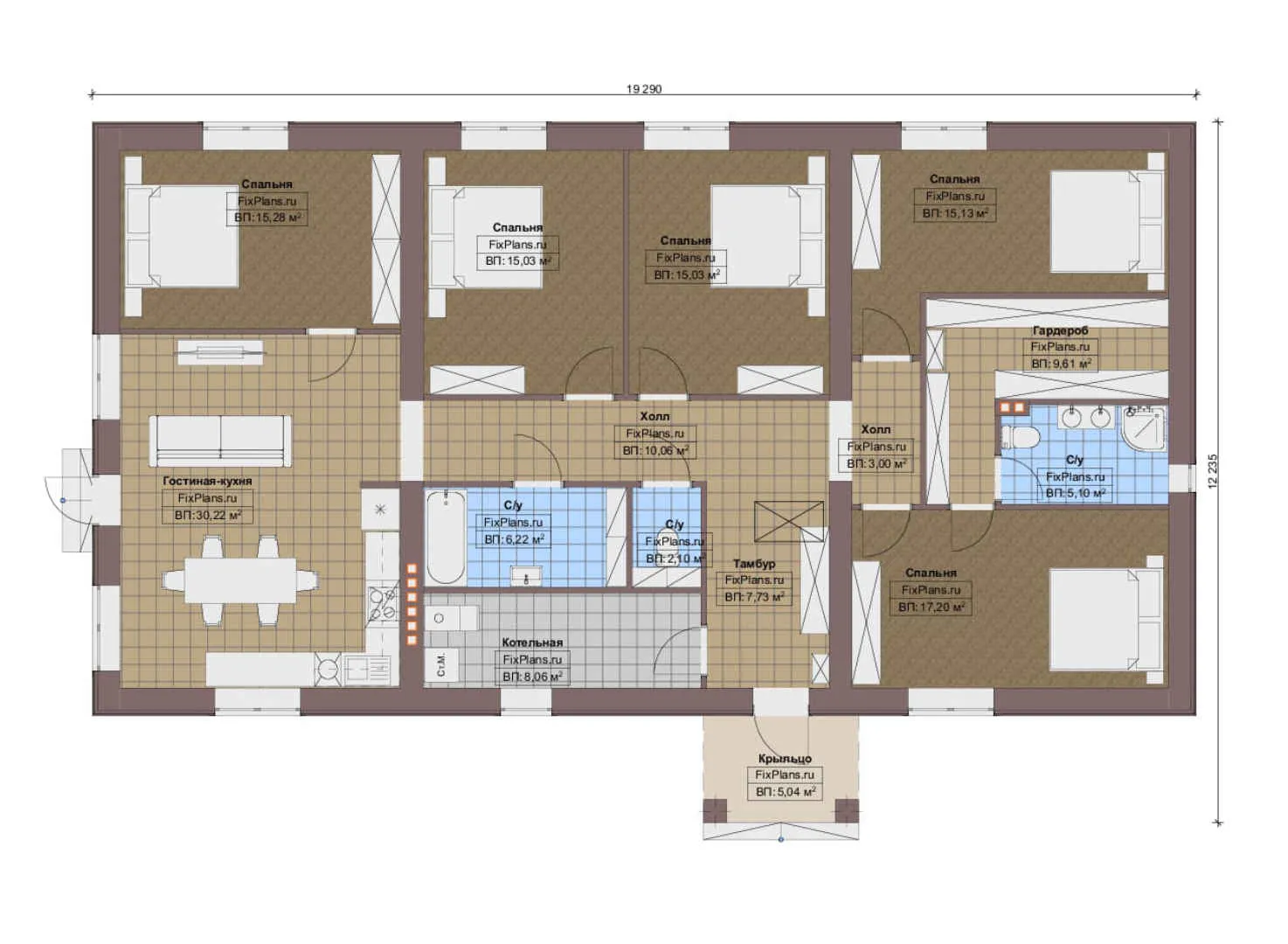 F-12842 - План одноэтажного дома 13 на 20, площадью 170 м² с 5 спальнями