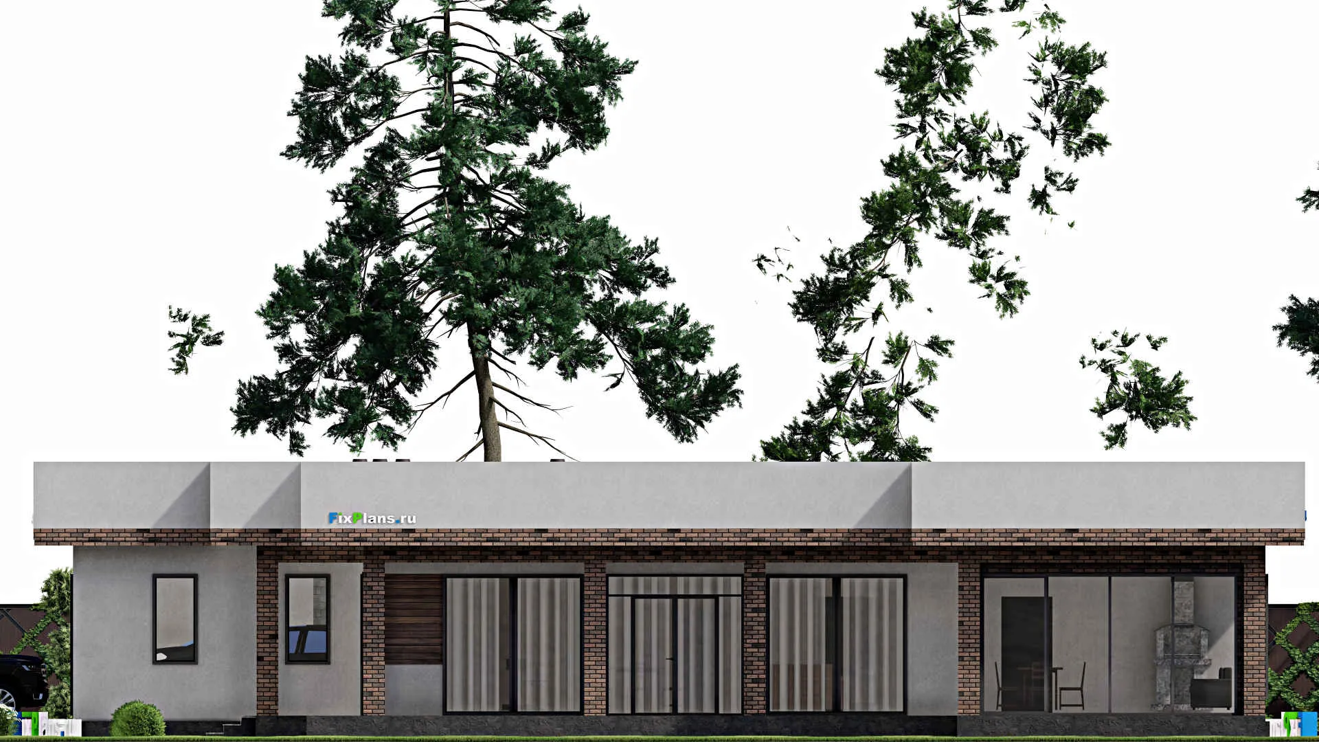 F-8333 - Проект одноэтажного дома 22 на 25, площадью 300 м² с террасой, баней, гаражом на 2 машины и 2 спальнями