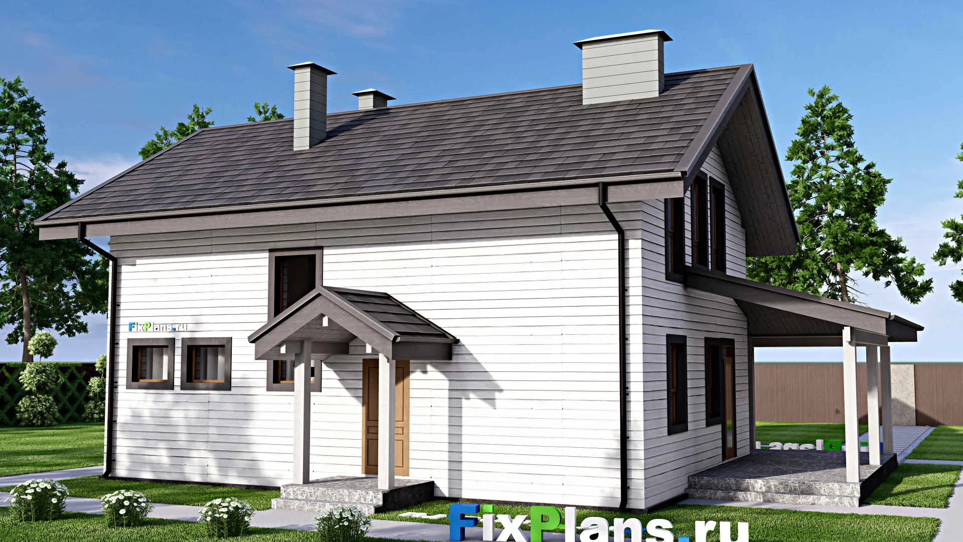 F-15164 - Проект дома с мансардой 12 на 15, площадью 170 м² с террасой, баней и 4 спальнями