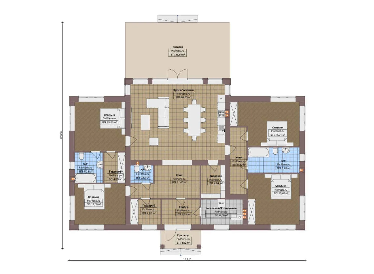 F-19601 - План одноэтажного дома 18 на 19, площадью 220 м² с террасой и 4 спальнями