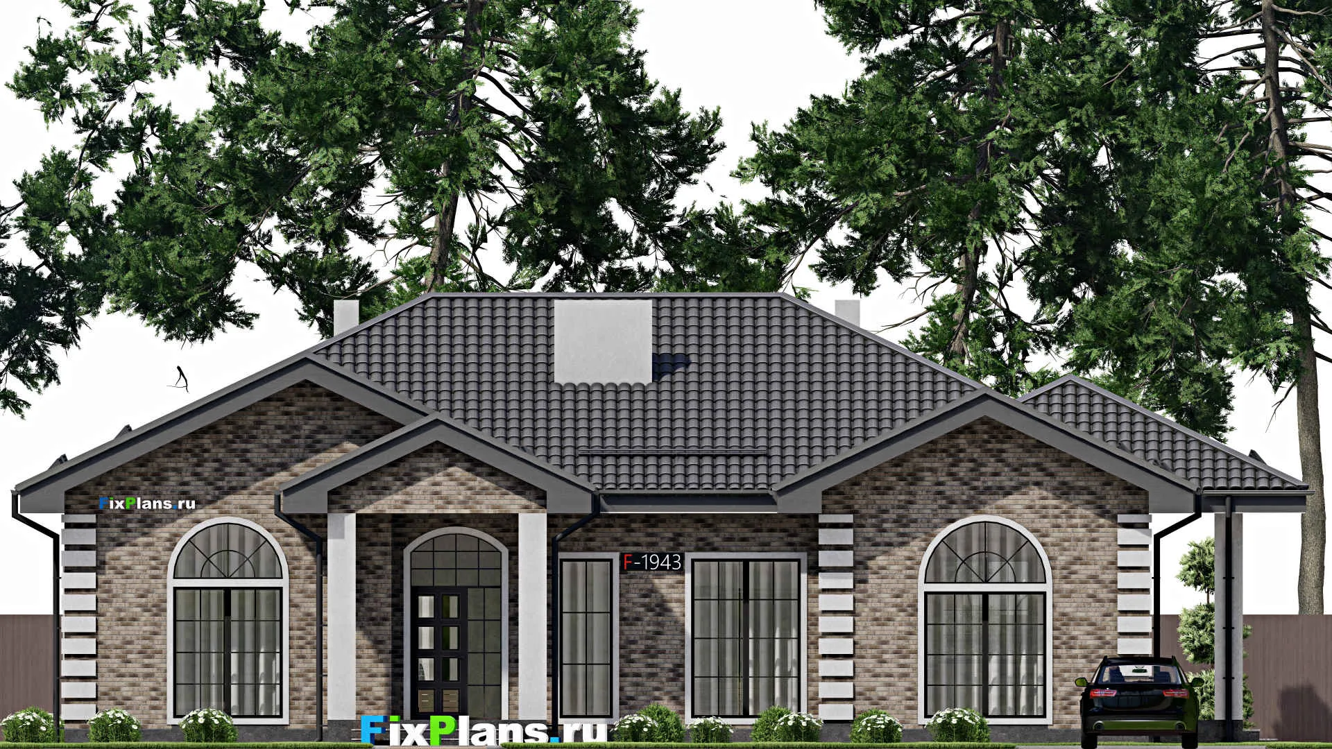 F-1943 - План одноэтажного дома 14 на 18, площадью 200 м² с террасой и 4 спальнями