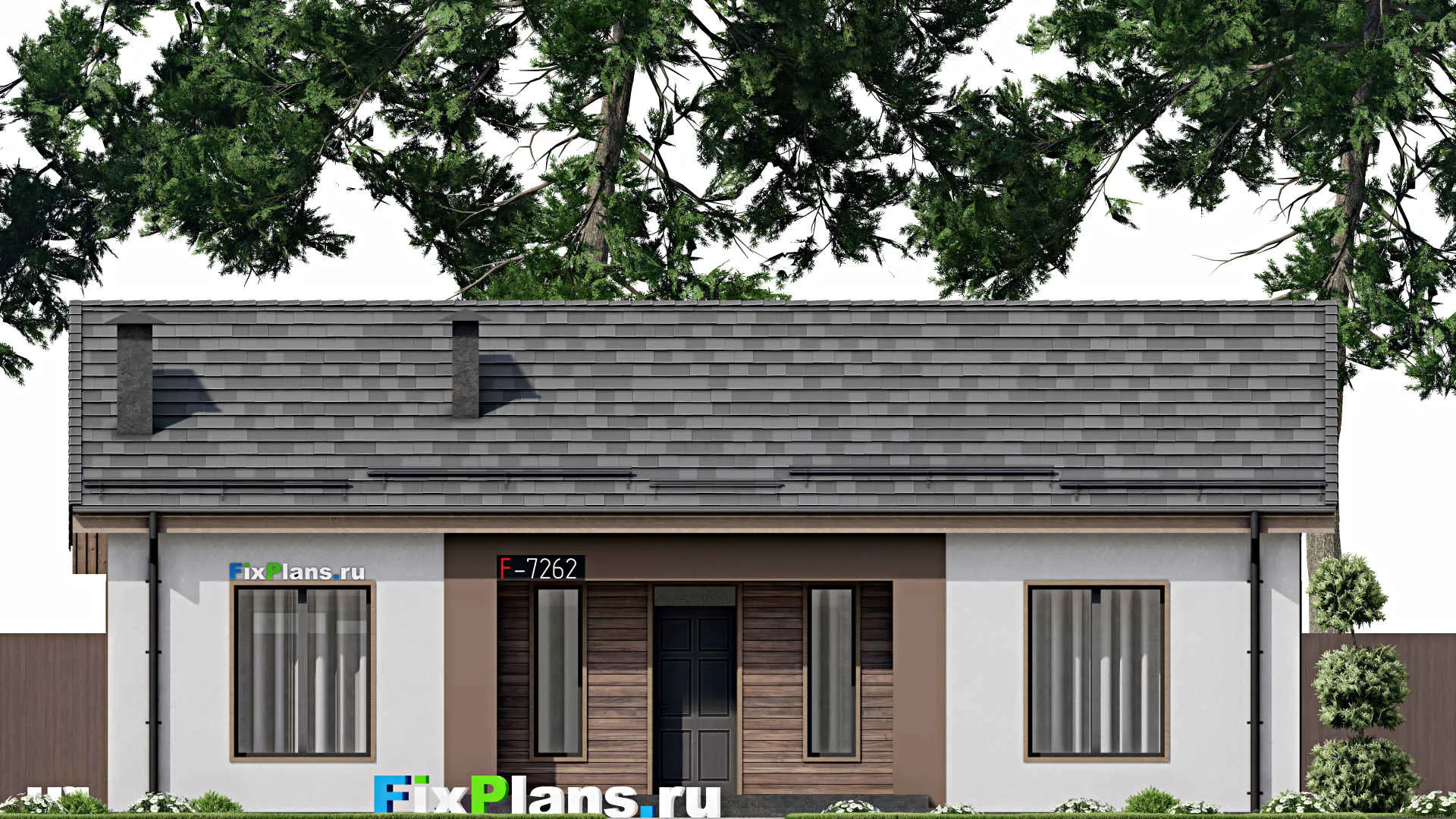 F-7262 - Проект одноэтажного дома 12 на 14, площадью 110 м² с террасой и 3 спальнями