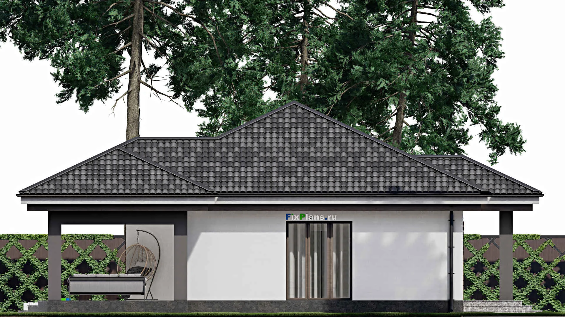 F-1799 - Проект одноэтажного дома 11 на 13, площадью 130 м² с террасой и 3 спальнями