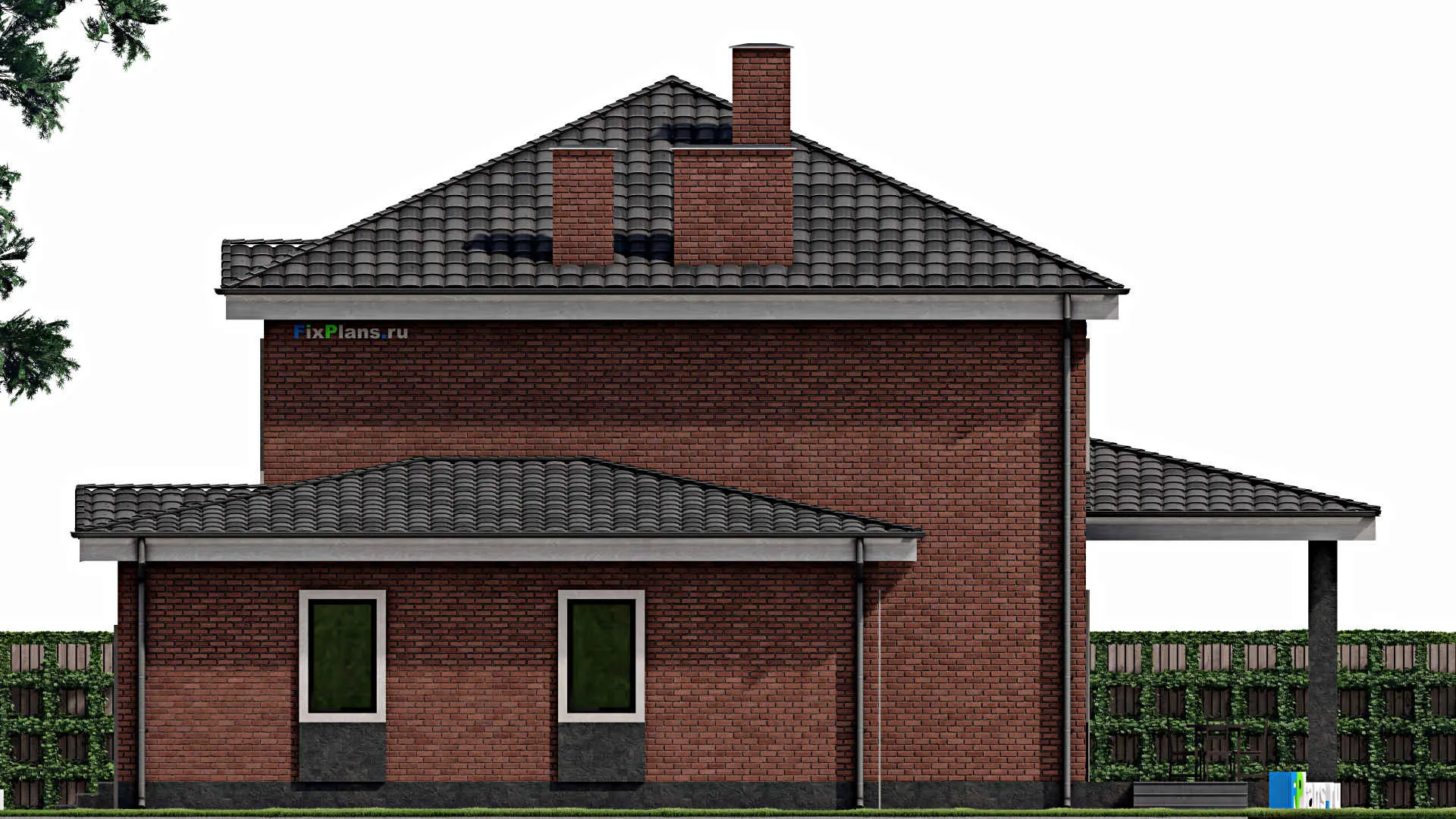 F-1493 - Проект двухэтажного дома 13 на 17, площадью 260 м² с террасой, баней, гаражом на 1 машину и 3 спальнями