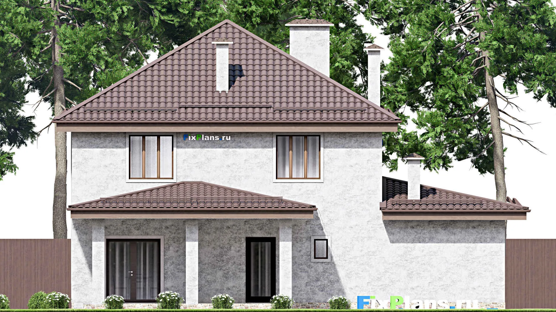 F-13436 - Проект двухэтажного дома 14 на 15, площадью 210 м² с террасой, баней, гаражом на 1 машину и 3 спальнями