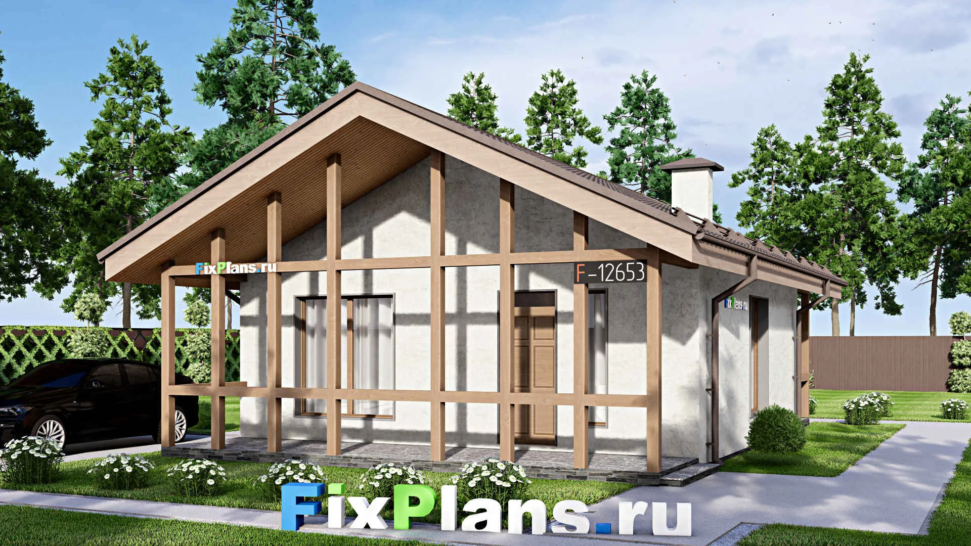 F-12653 - Проект одноэтажного дома 9 на 12, площадью 90 м² с террасой и 2 спальнями